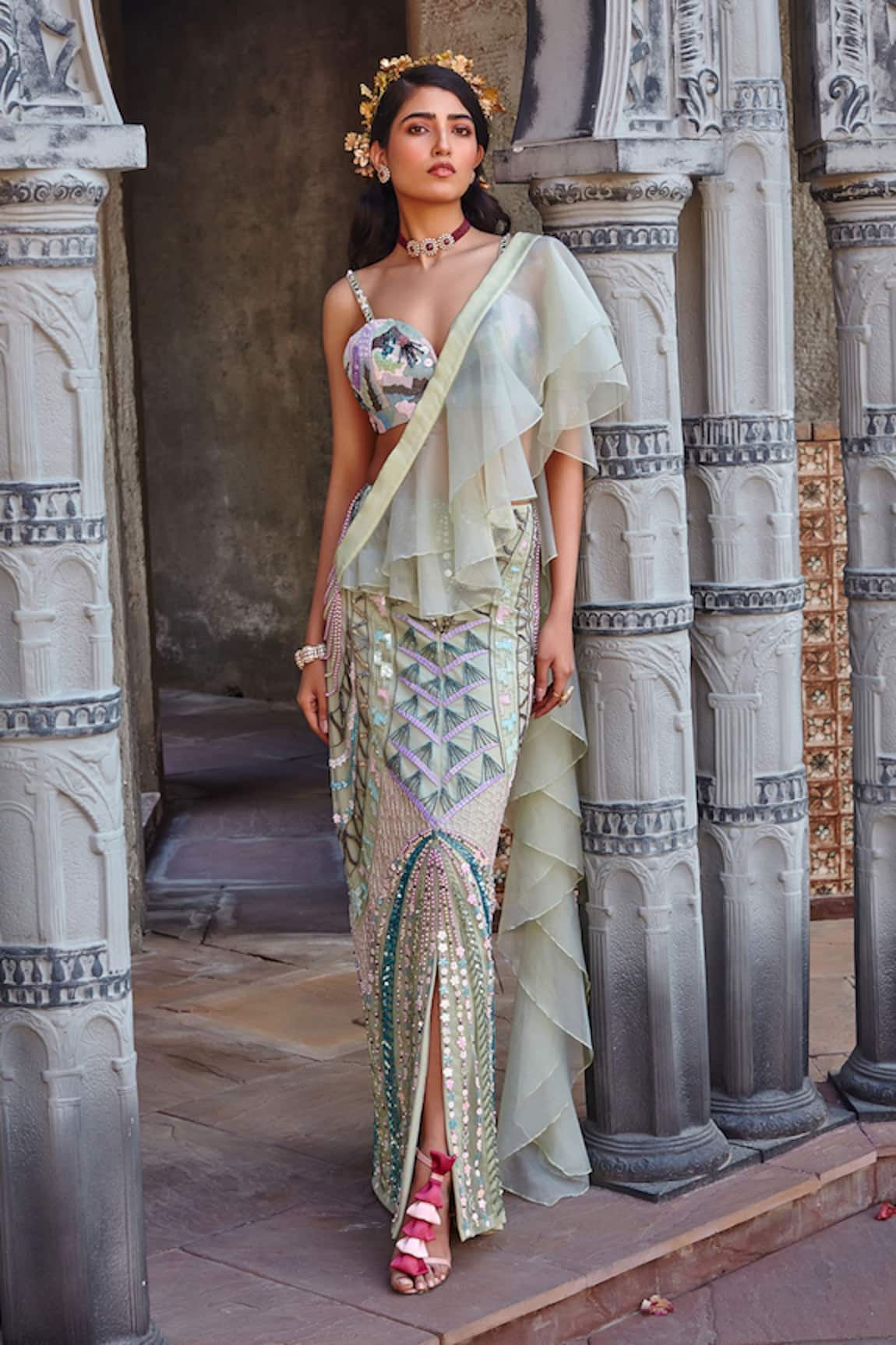 Shweta Aggarwal Embroidered Pre-Draped Saree With Blouse