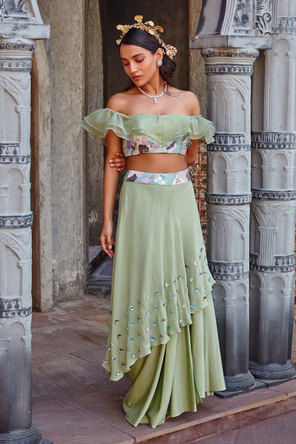 Shweta Aggarwal Embroidered Off Shoulder Top & Draped Skirt