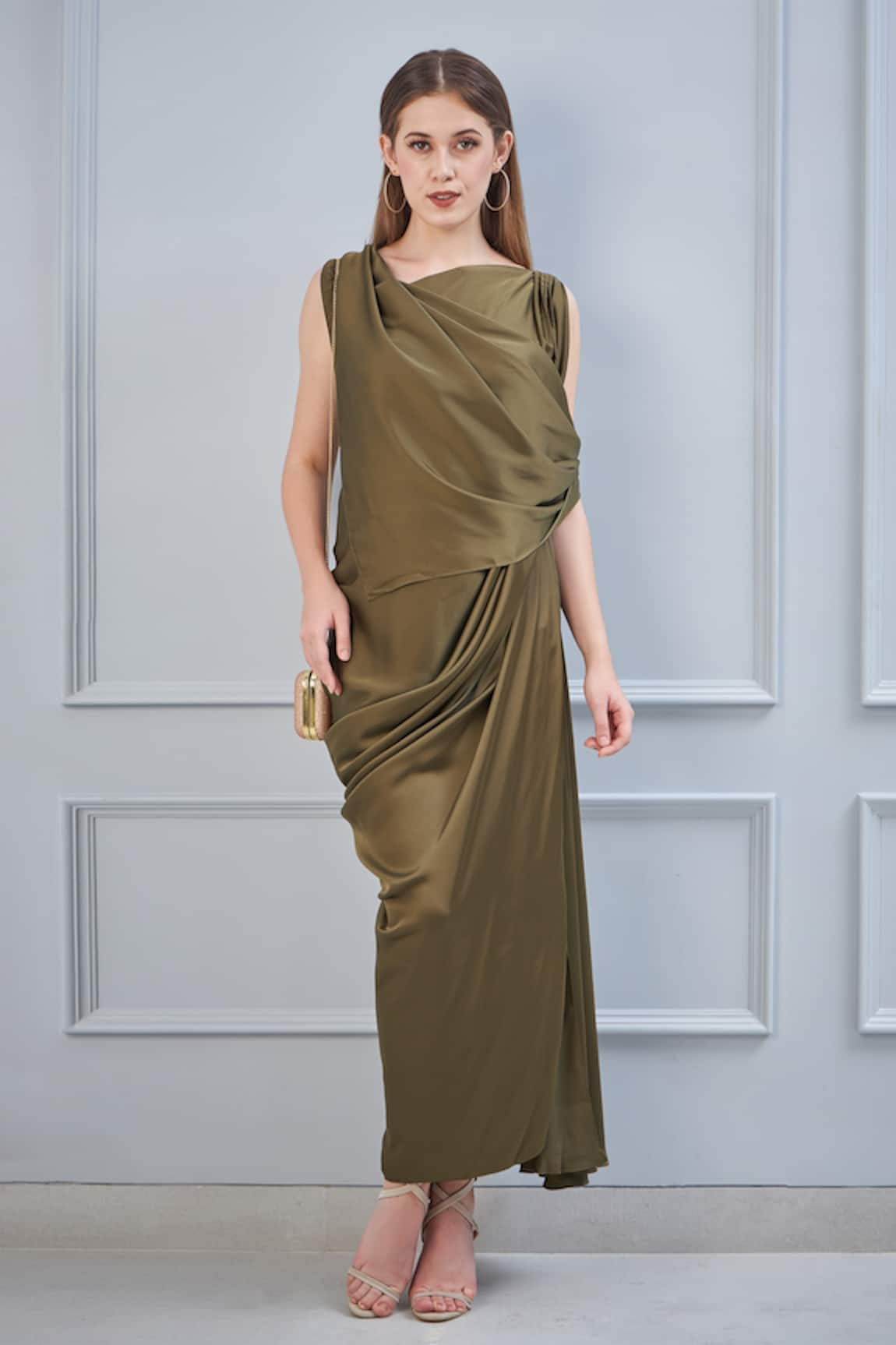 Na-Ka Satin Draped Gown With Scarf