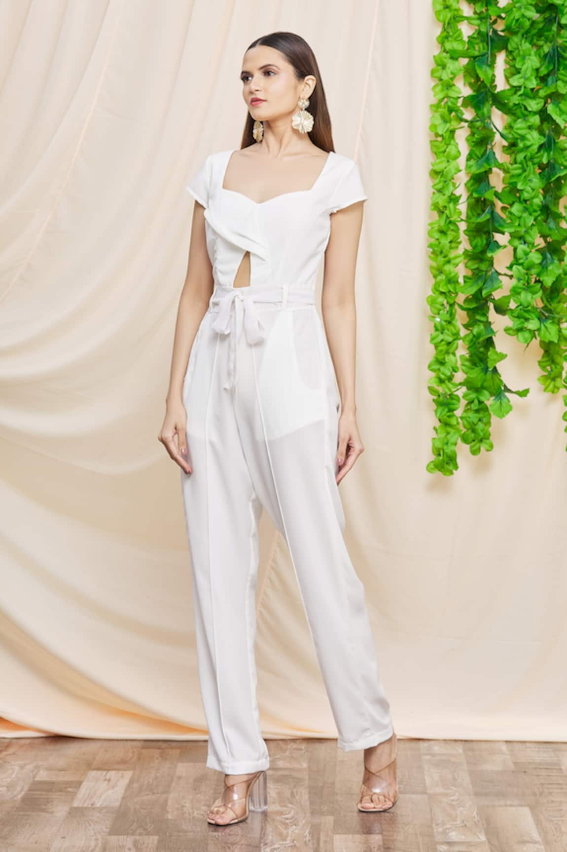 Plain White Jumpsuit V-neck Front Slit - Astalia Fashion