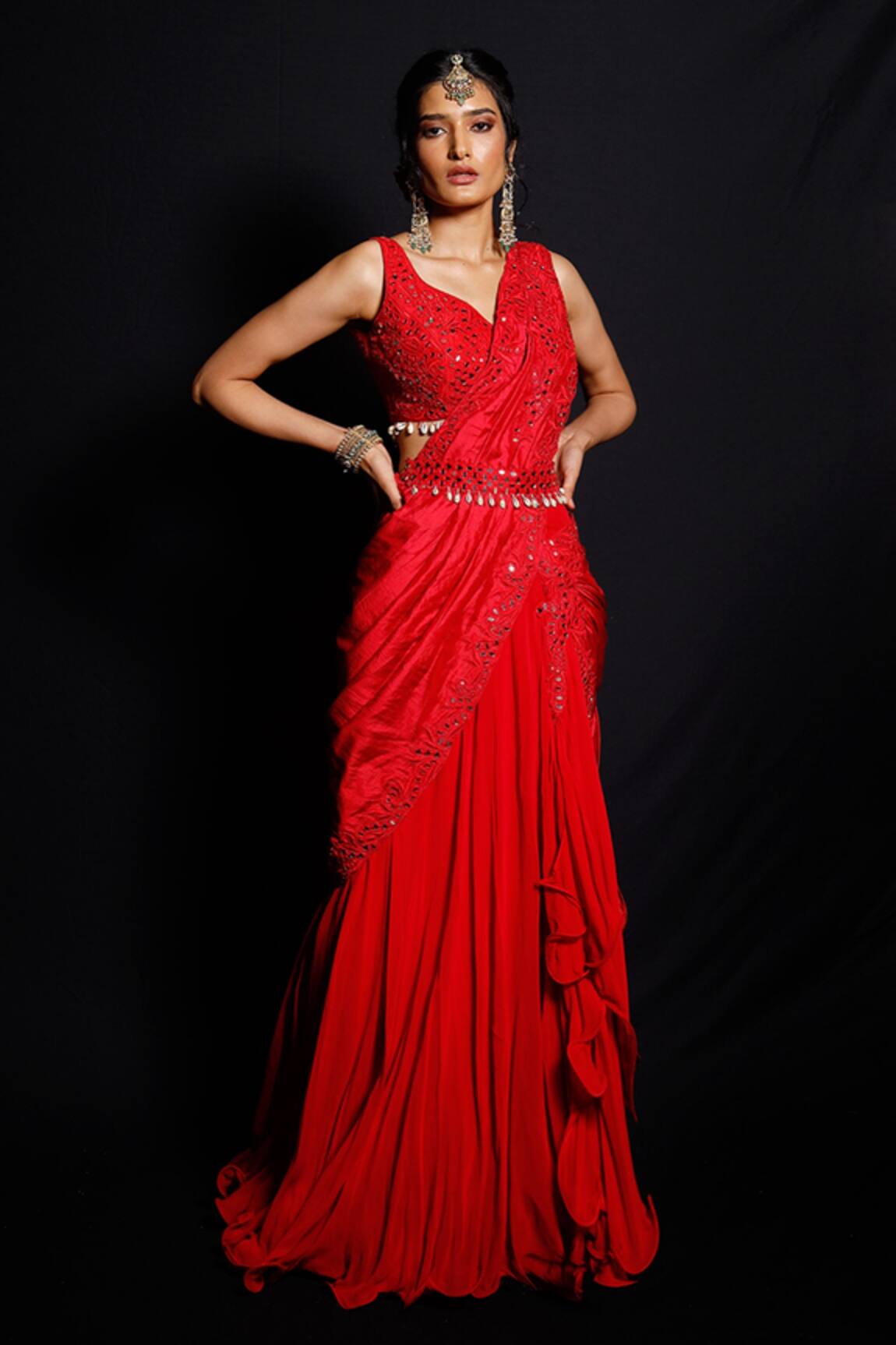 Archana Kochhar Shimmering Rouge Pre-Drape Saree Set 