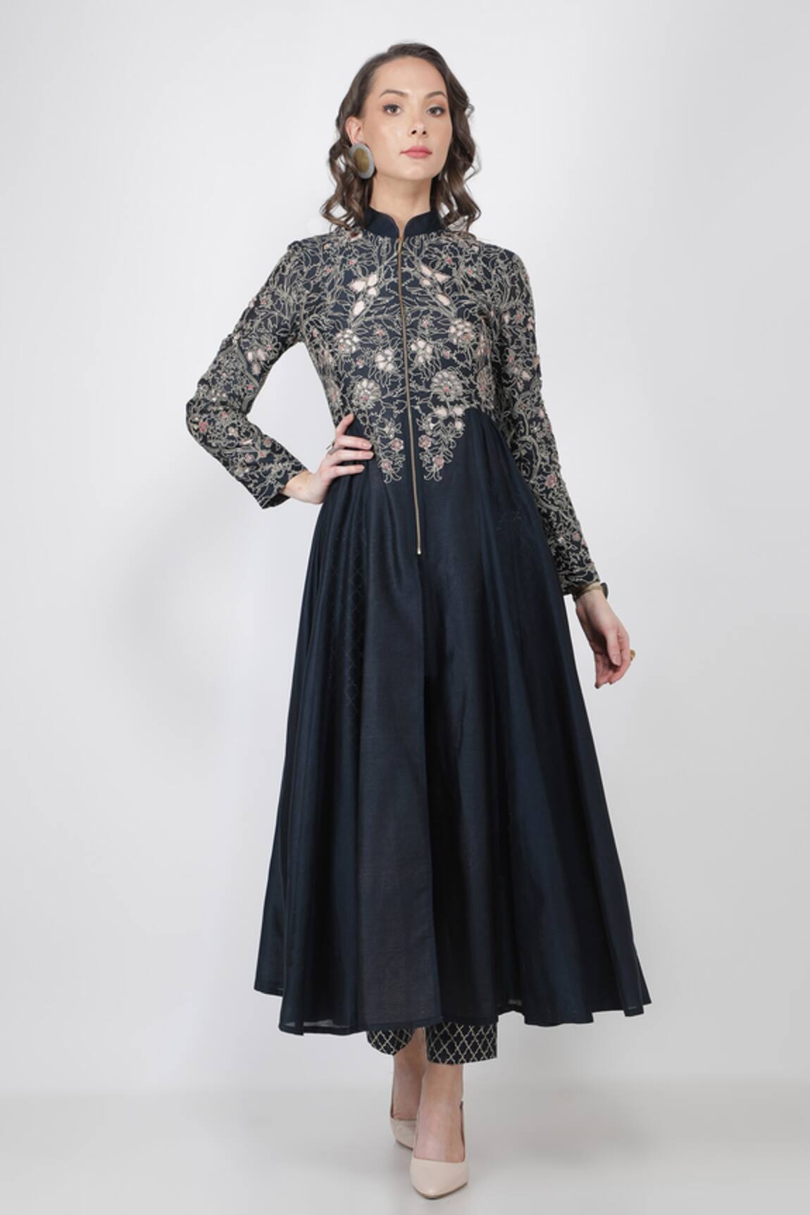 Jajaabor Silk Chanderi Jacket Anarkali & Pant Set 