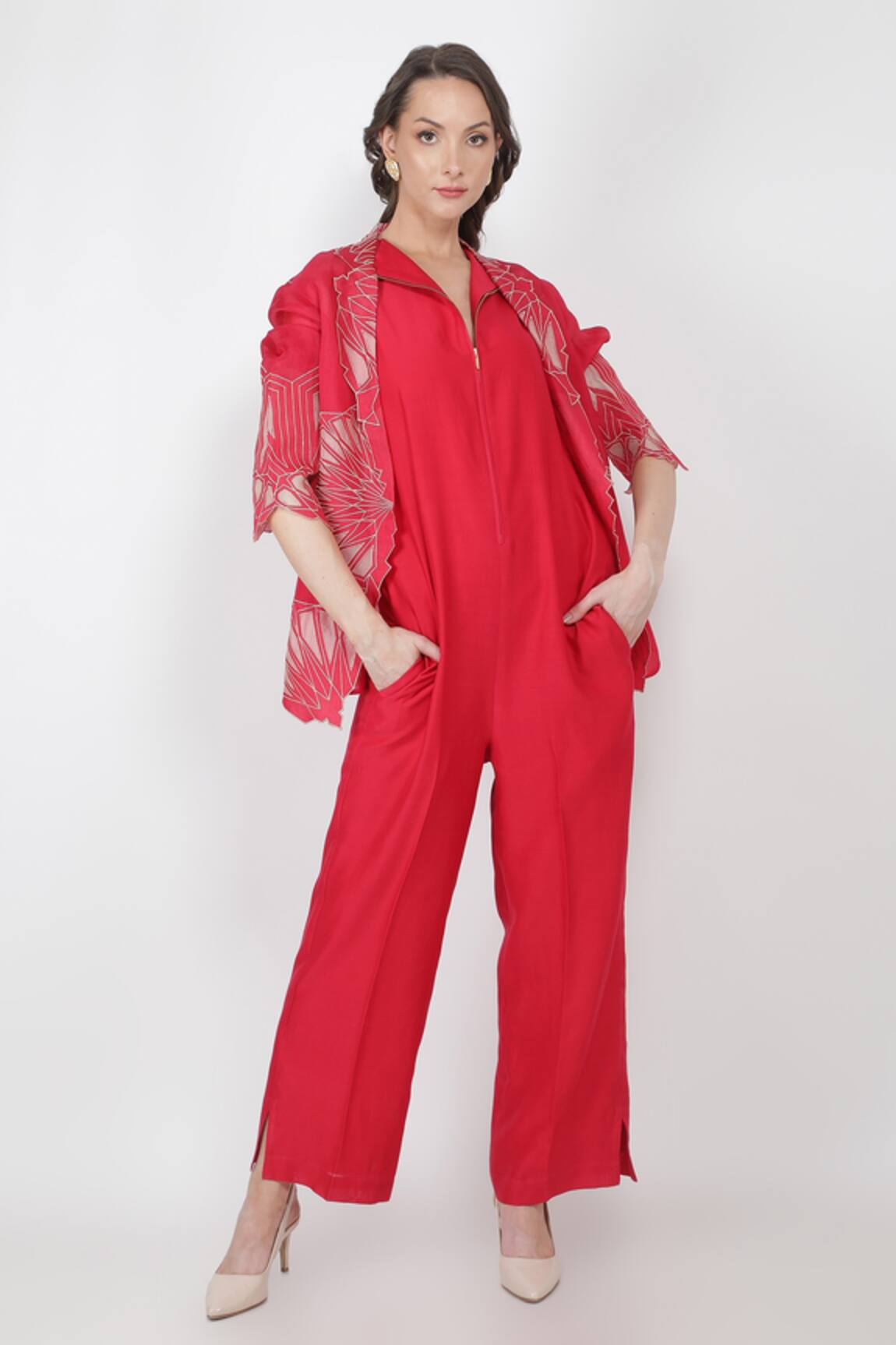 Jajaabor Silk Organza Jacket With Jumpsuit 