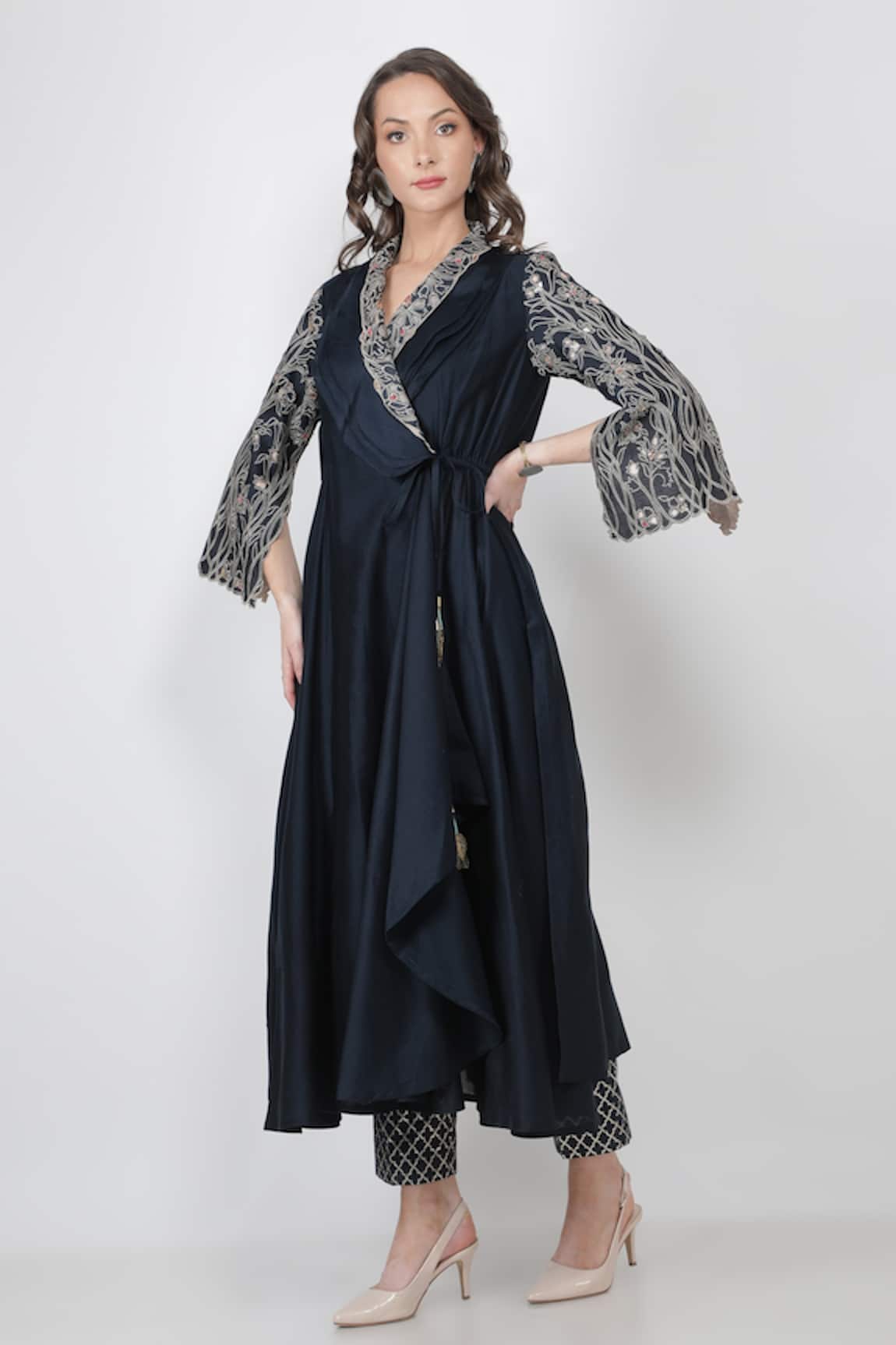 Jajaabor Silk Chanderi Angarkha Kurta & Pant Set 