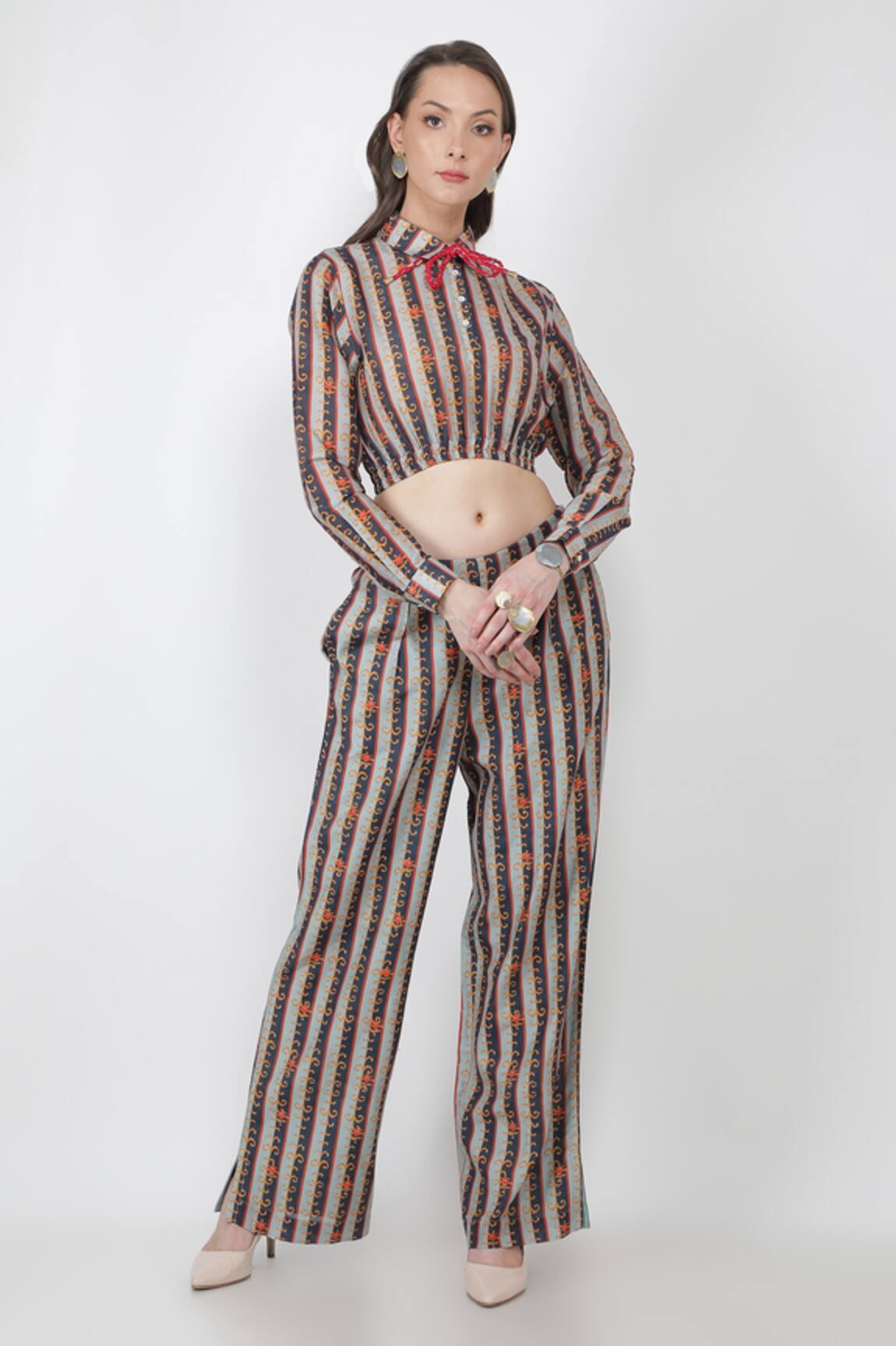 Jajaabor Striped Crop Top & Pant Set 
