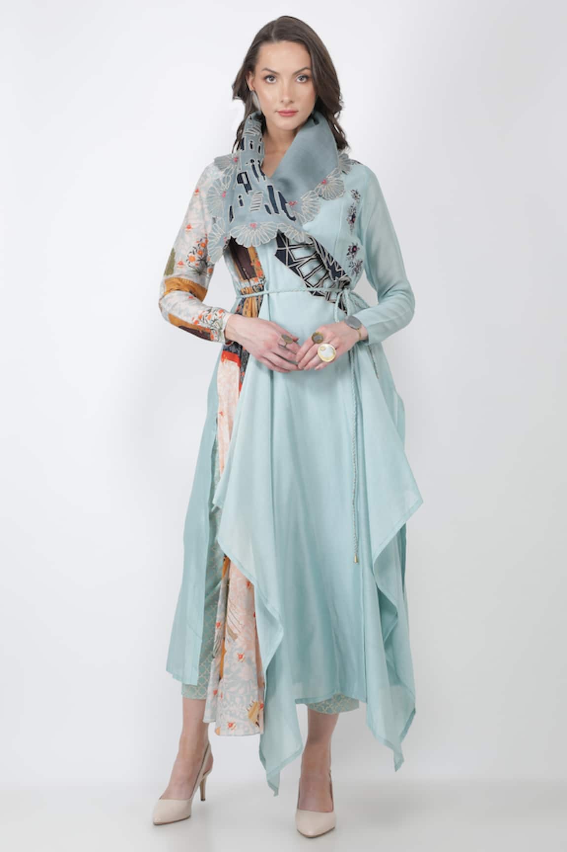 Jajaabor Silk Chanderi Angarkha Kurta Pant Set 