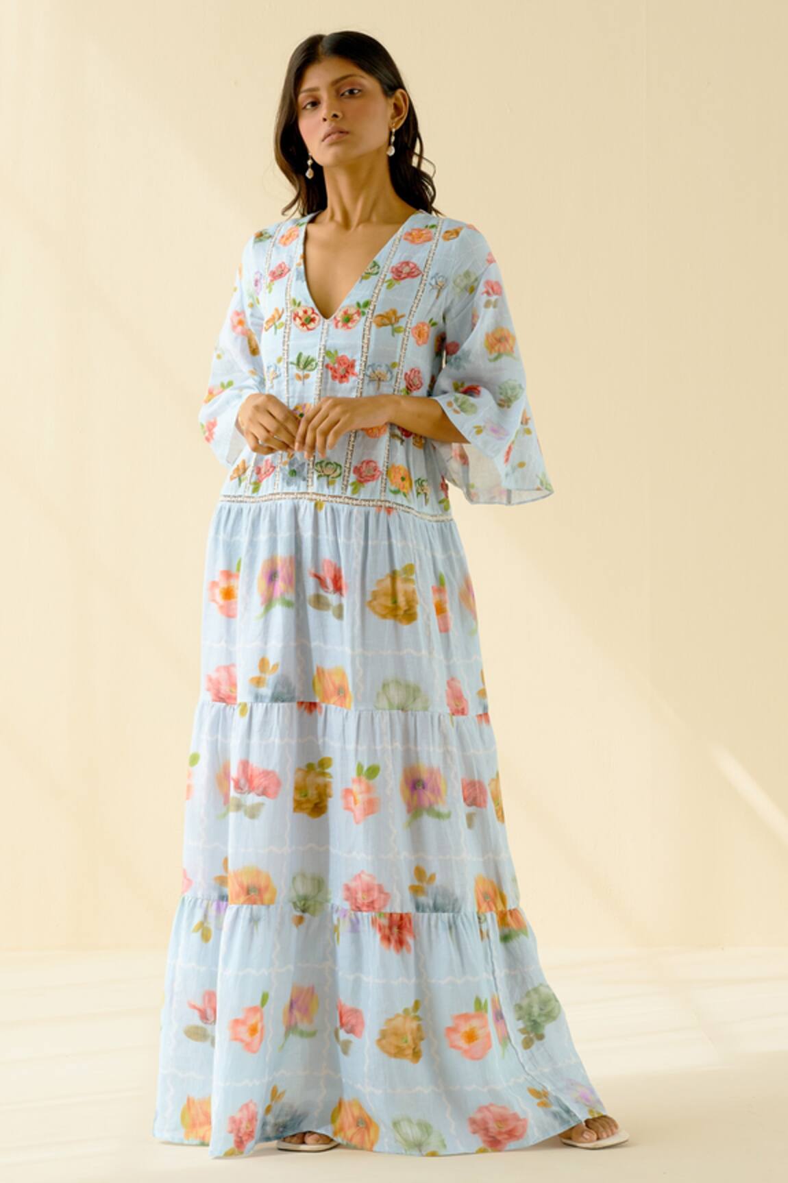 Pozruh By Aiman Floral Print Tiered Maxi Dress 