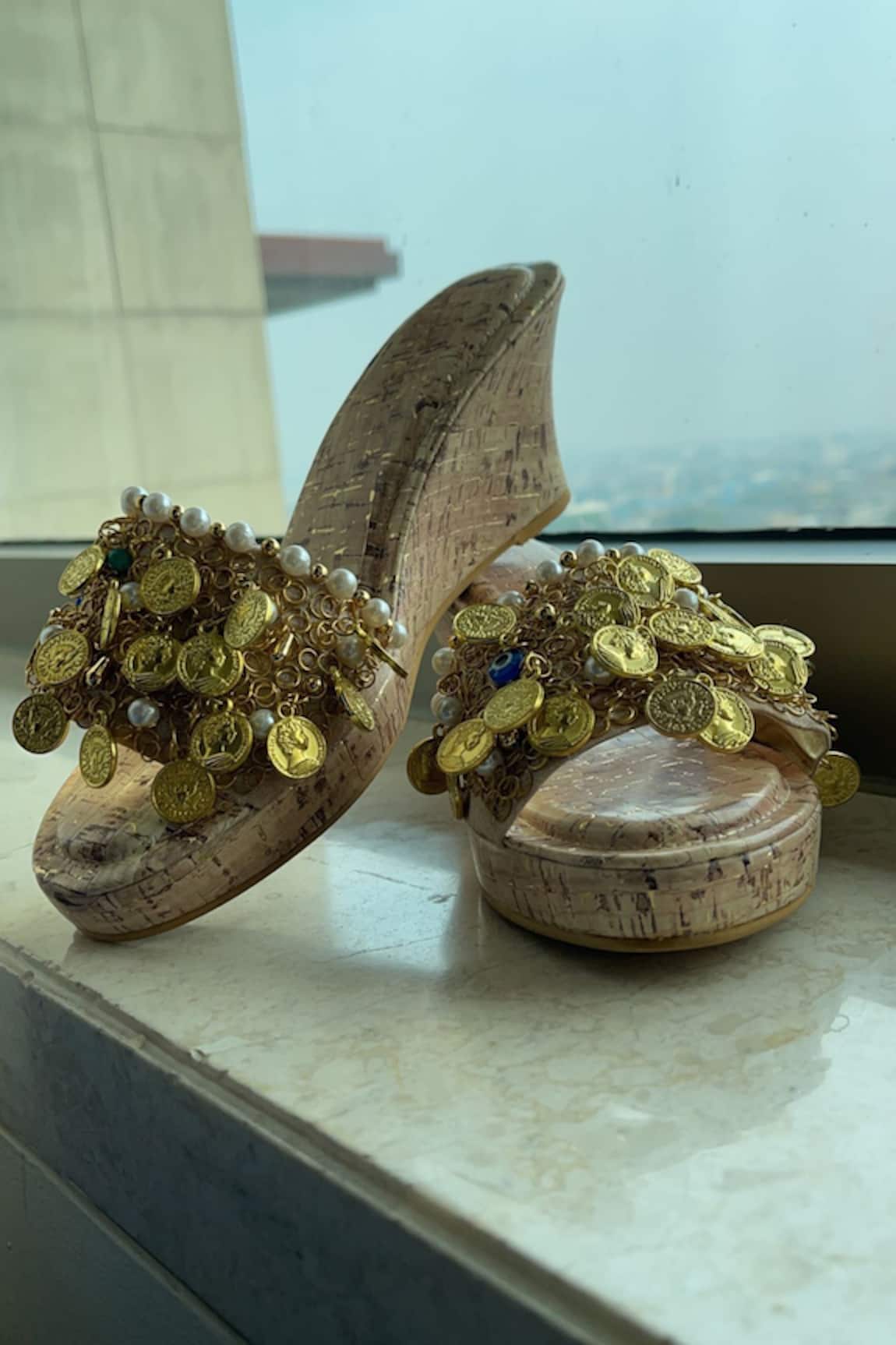 Foot Fuel Coin & Pearl Embellished Platform Wedges 