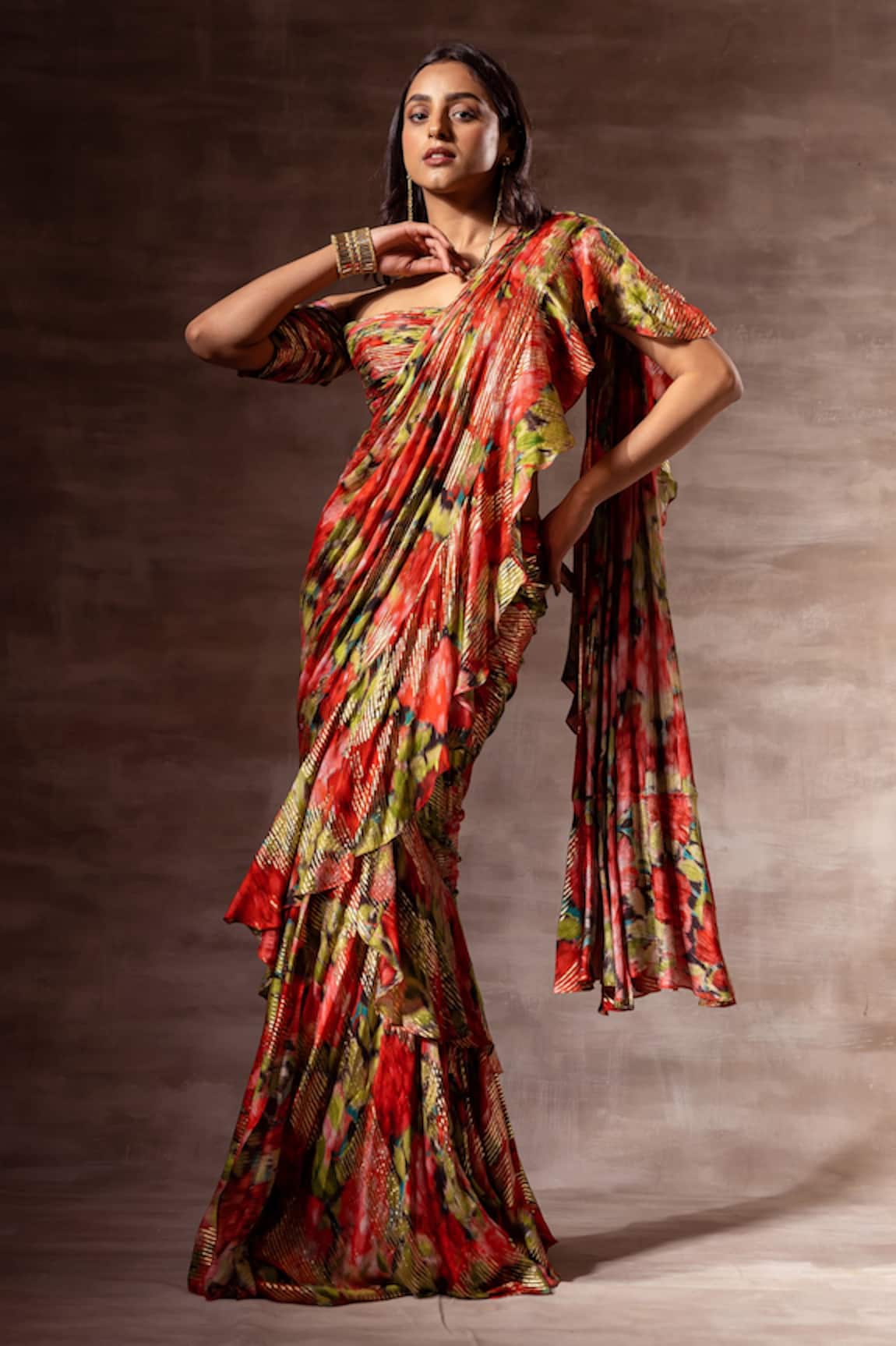 Ruhr India Ruffle Pre-Stitched Saree With Blouse 