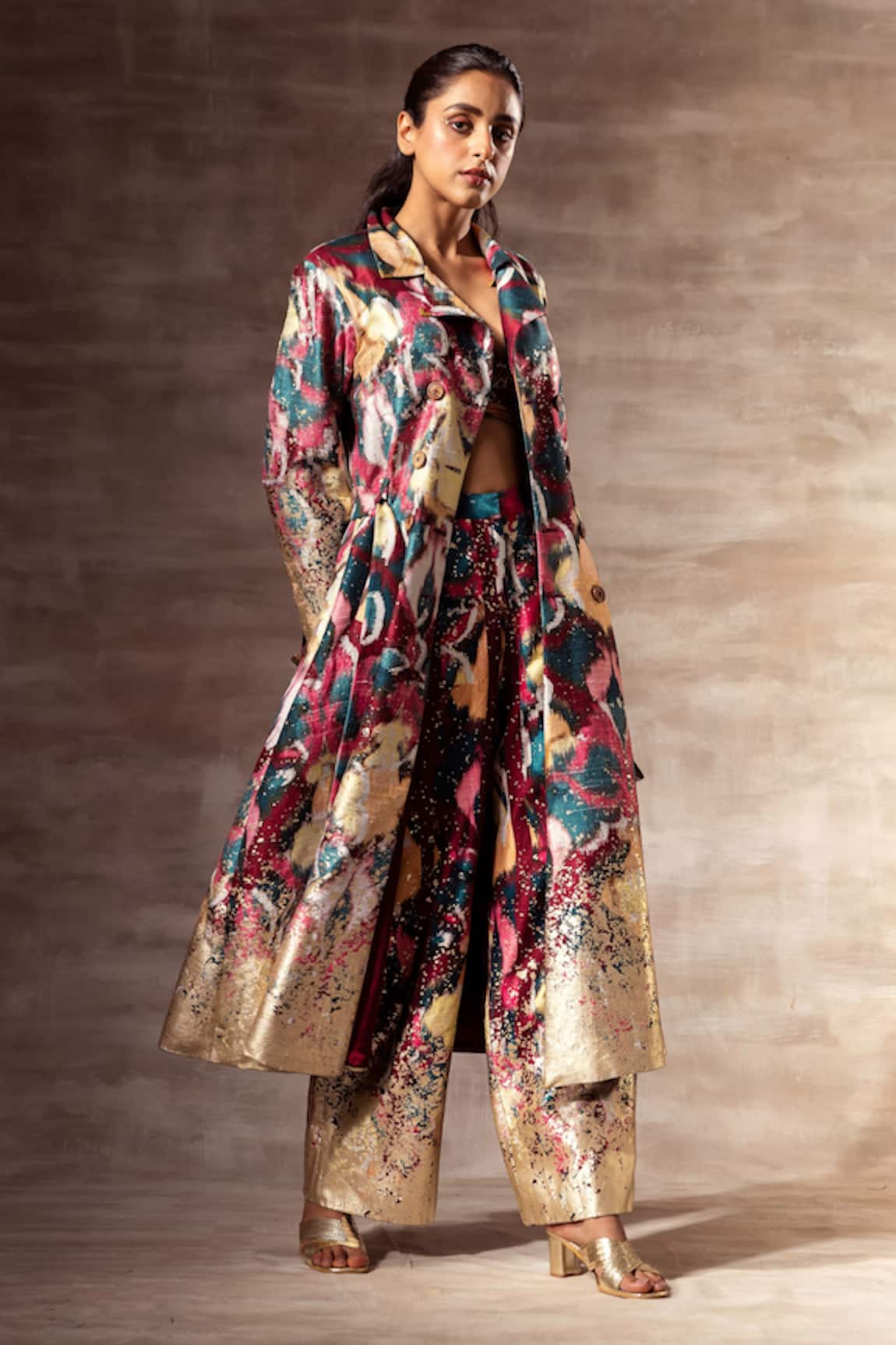 Ruhr India Ikat Raw Silk Trench Coat With Belt