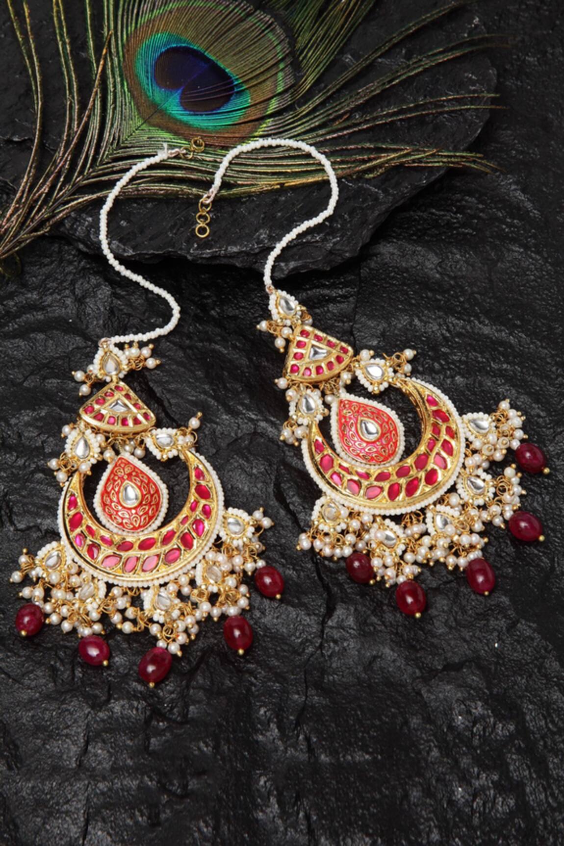Dugran By Dugristyle Gold & Red Kundan Chandbalis with Ear Chain 