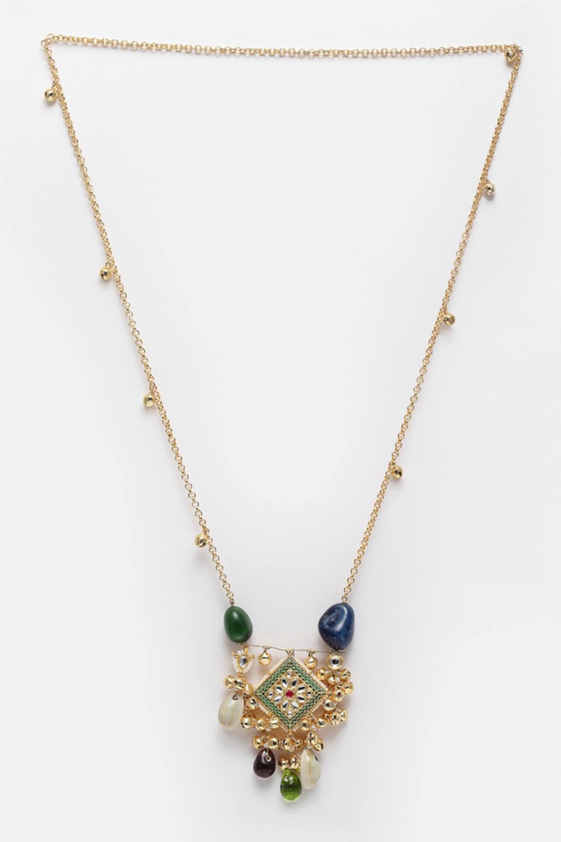 Dugran By Dugristyle Kundan Pearl Natural Stone Ghunghroo Tassel Necklace 