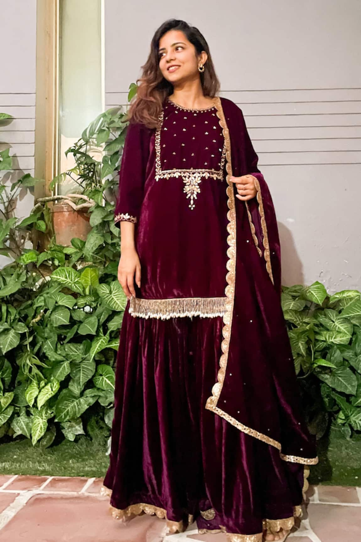 Ewaz Velvet Embroidered Kurta Gharara Set 