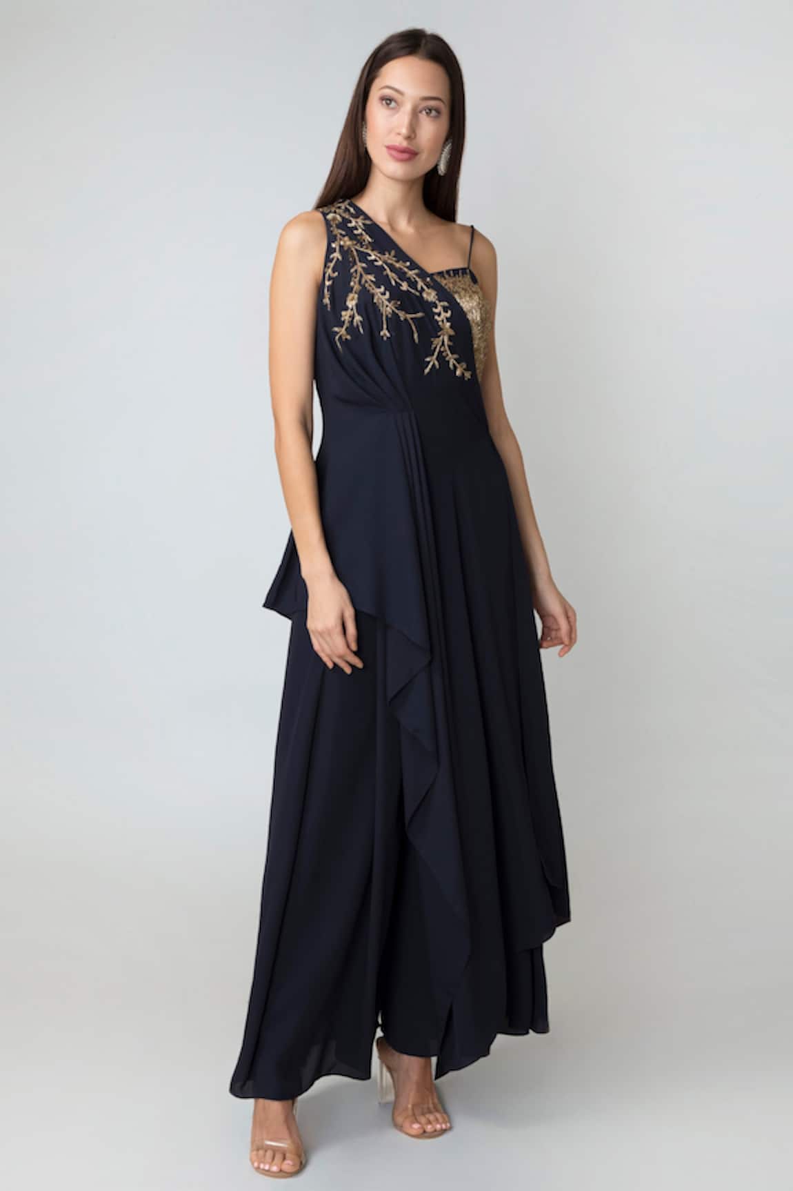 Richa Jaisinghani Label One Shoulder Cape Palazzo Set 