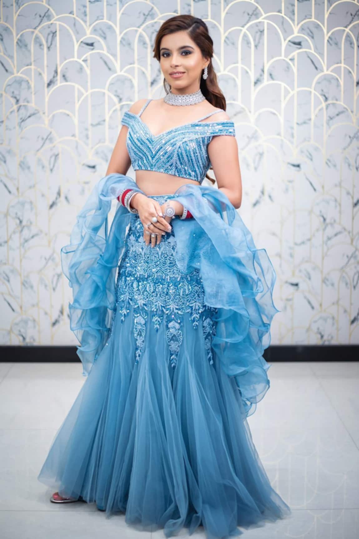 Richa Jaisinghani Label Embroidered Fish Cut Lehenga Set