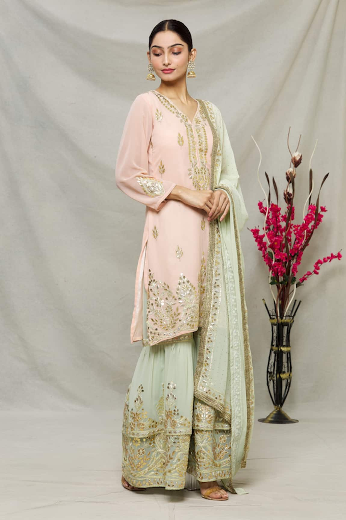 Abhi Singh Leaf Embroidered Kurta Gharara Set