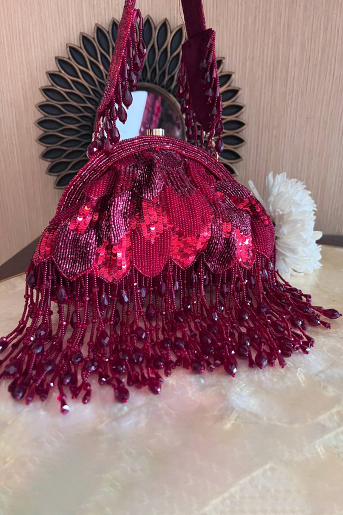 Nayaab By Sonia Maroon Embroidered Suede Clutch