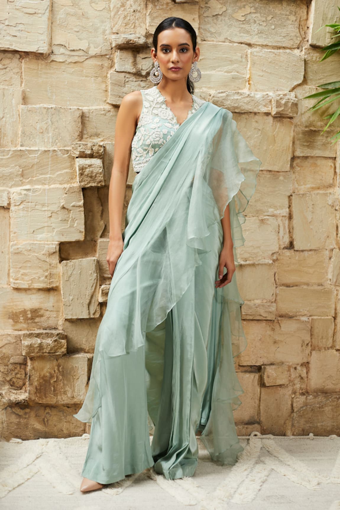 J by Jannat Ruffle Pre-Draped Palazzo Saree With Blouse