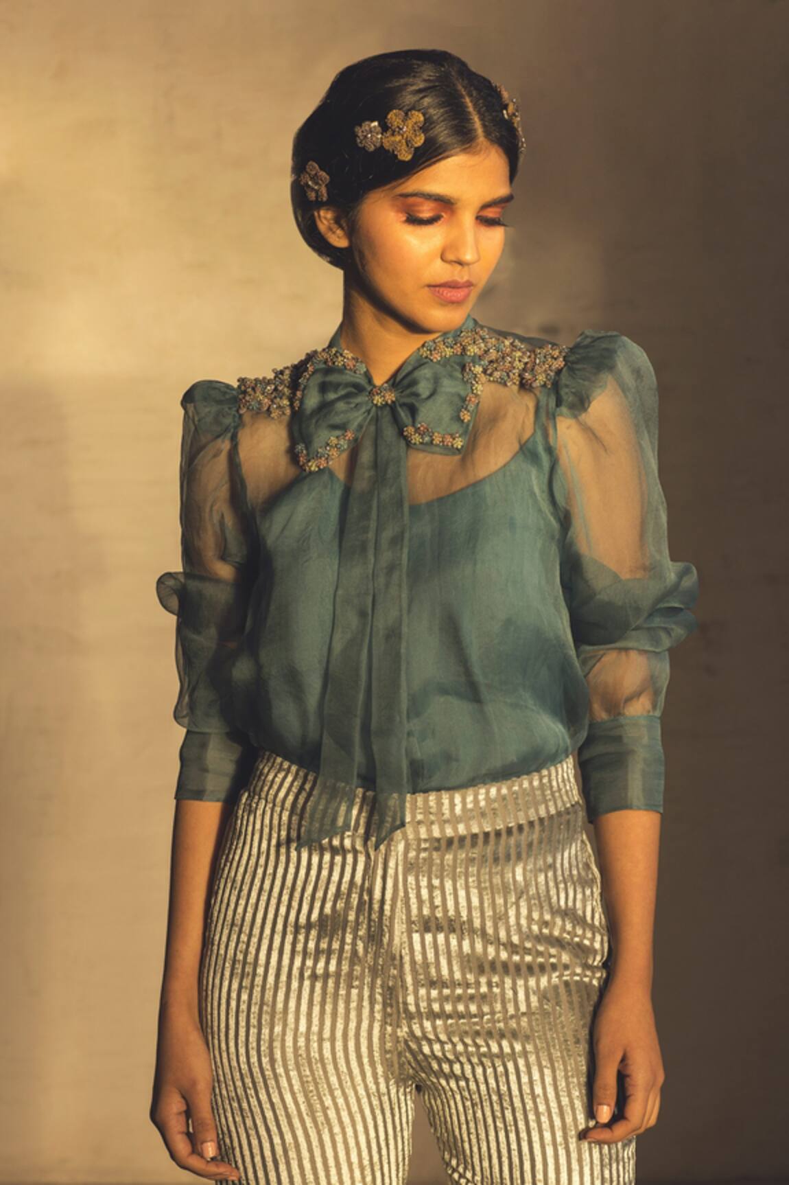 Parul and Preyanka Silk Organza Puff Sleeve Shirt
