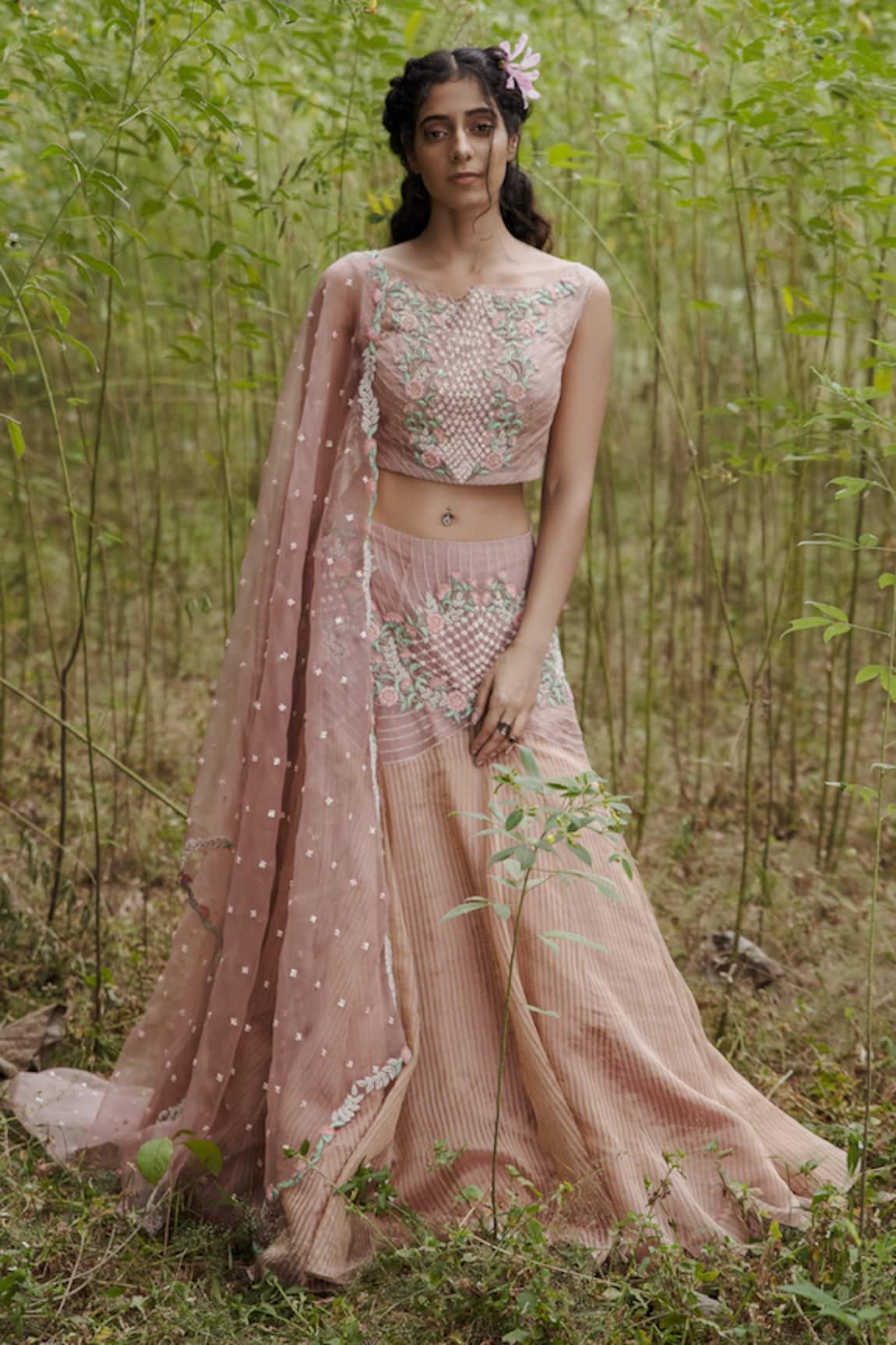 Incheetape Floral Embroidered Lehenga Set