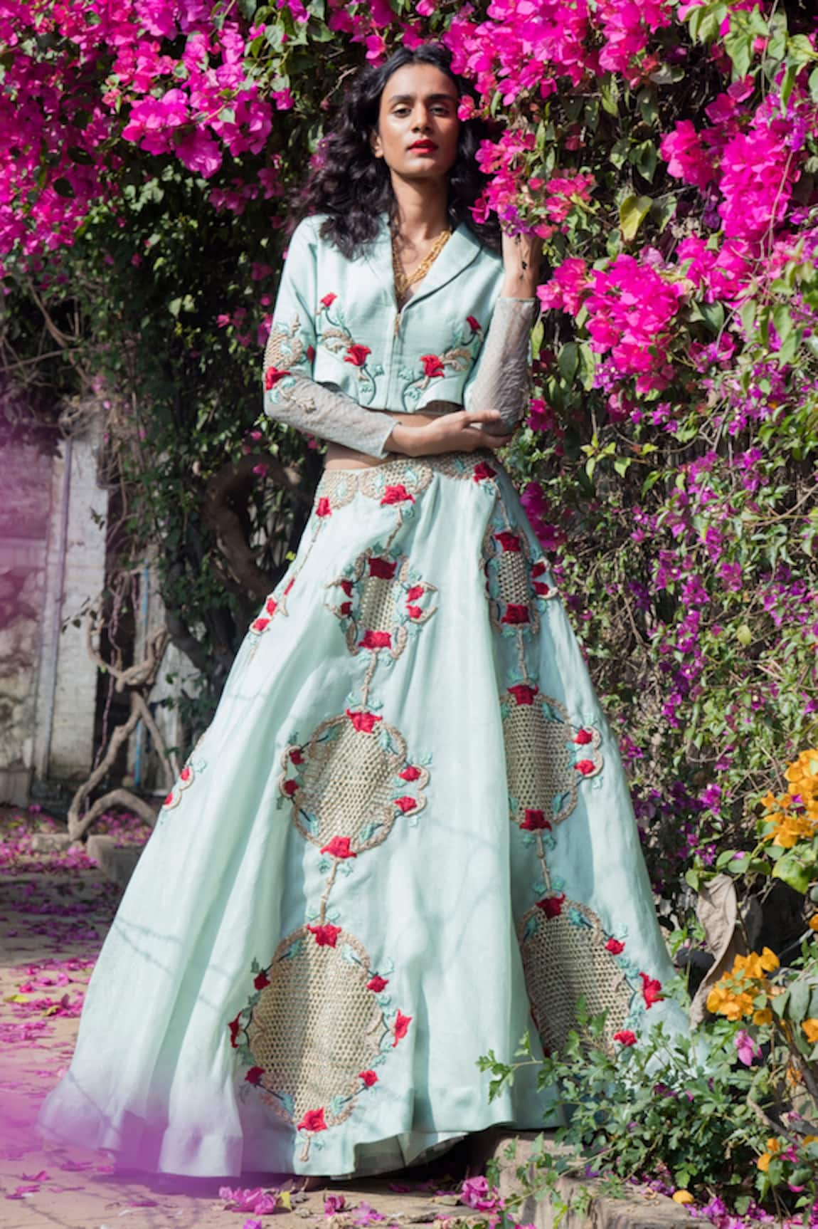 Incheetape Embroidered Jacket & Lehenga Set