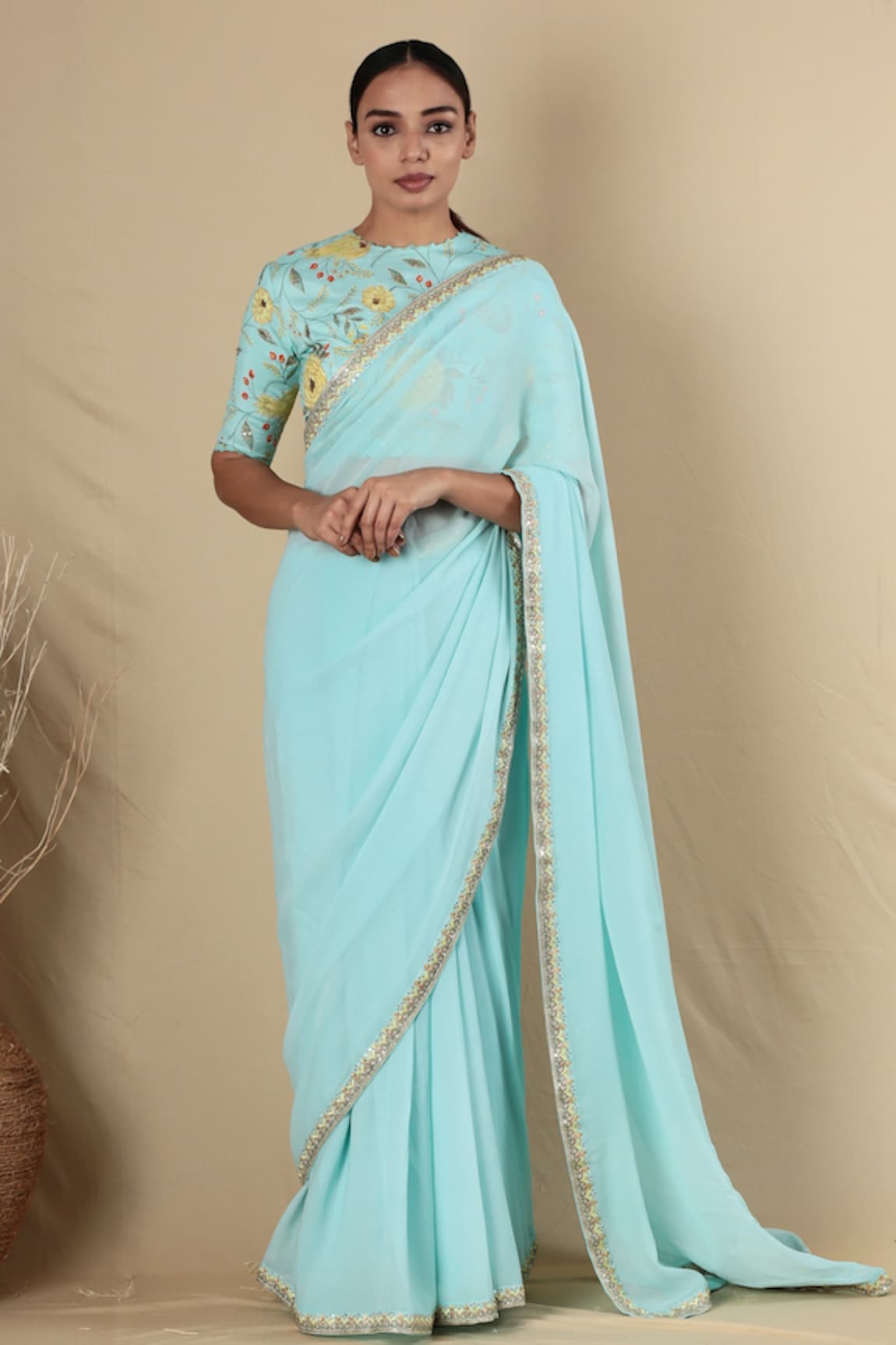 Blue Lotus Design Embroidered Hem Saree With Blouse