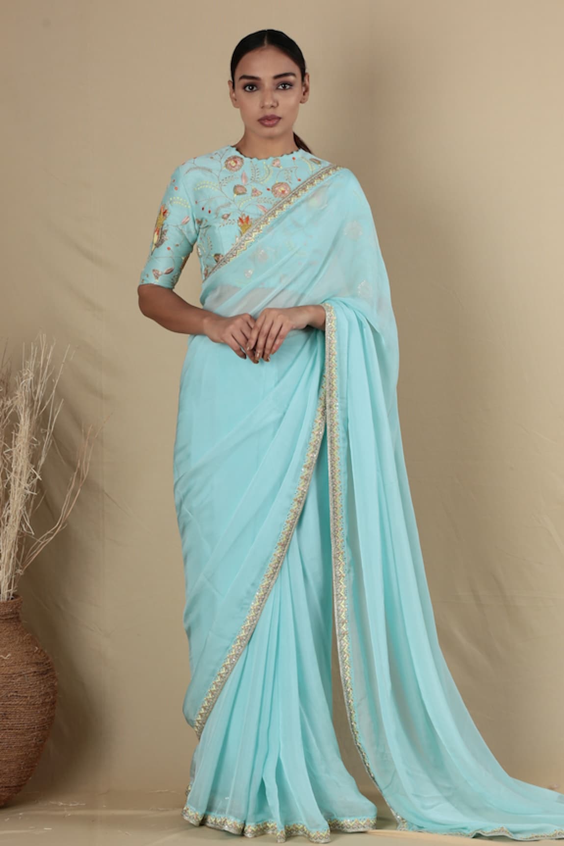 Blue Lotus Design Embroidered Hem Saree With Blouse