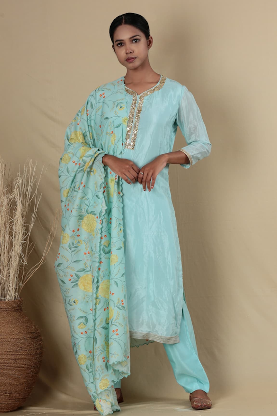 Blue Lotus Design Placement Embroidered Kurta Set