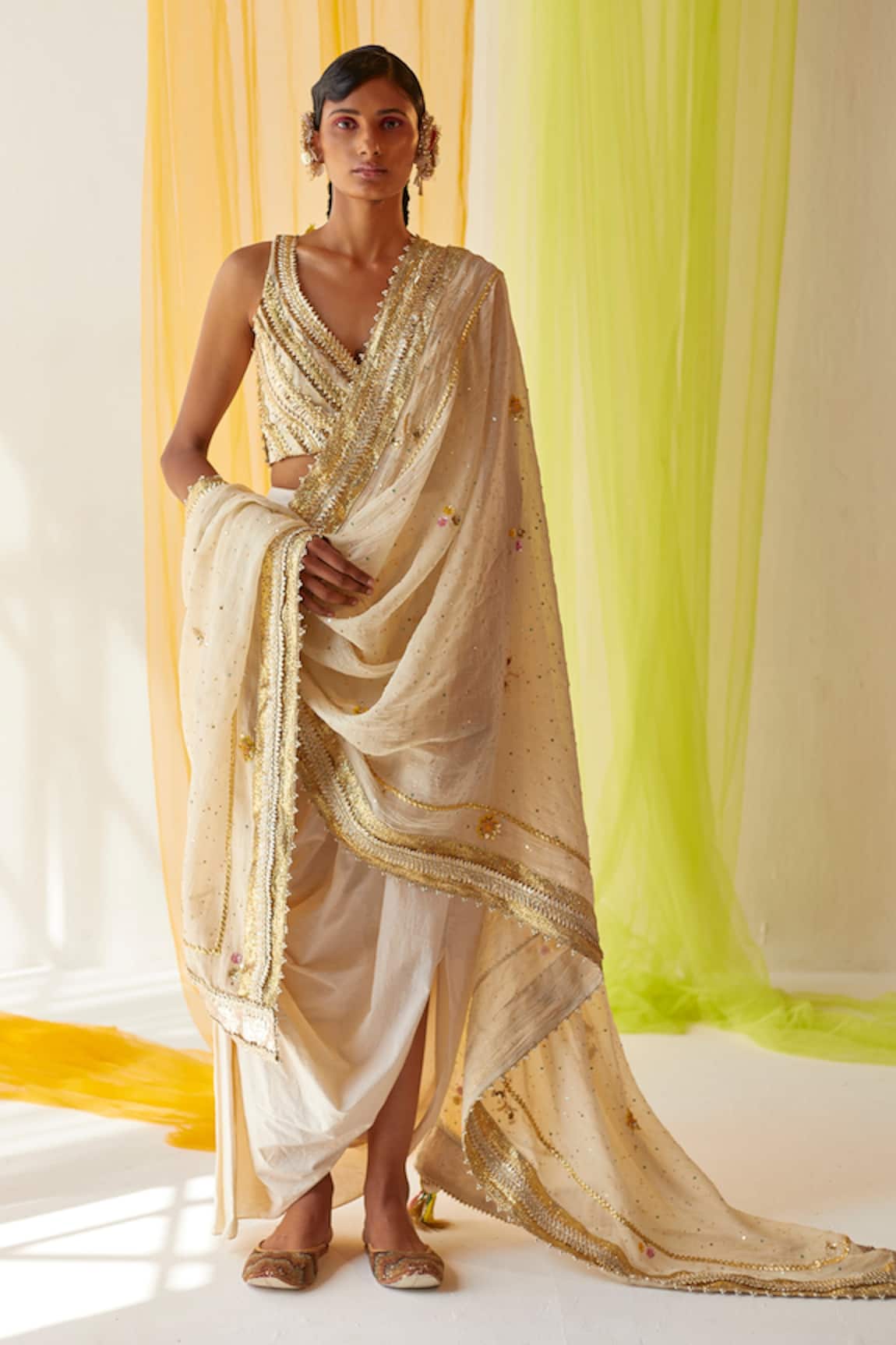 Priyanka Singh Embroidered Drape Attached Blouse & Lehenga Set