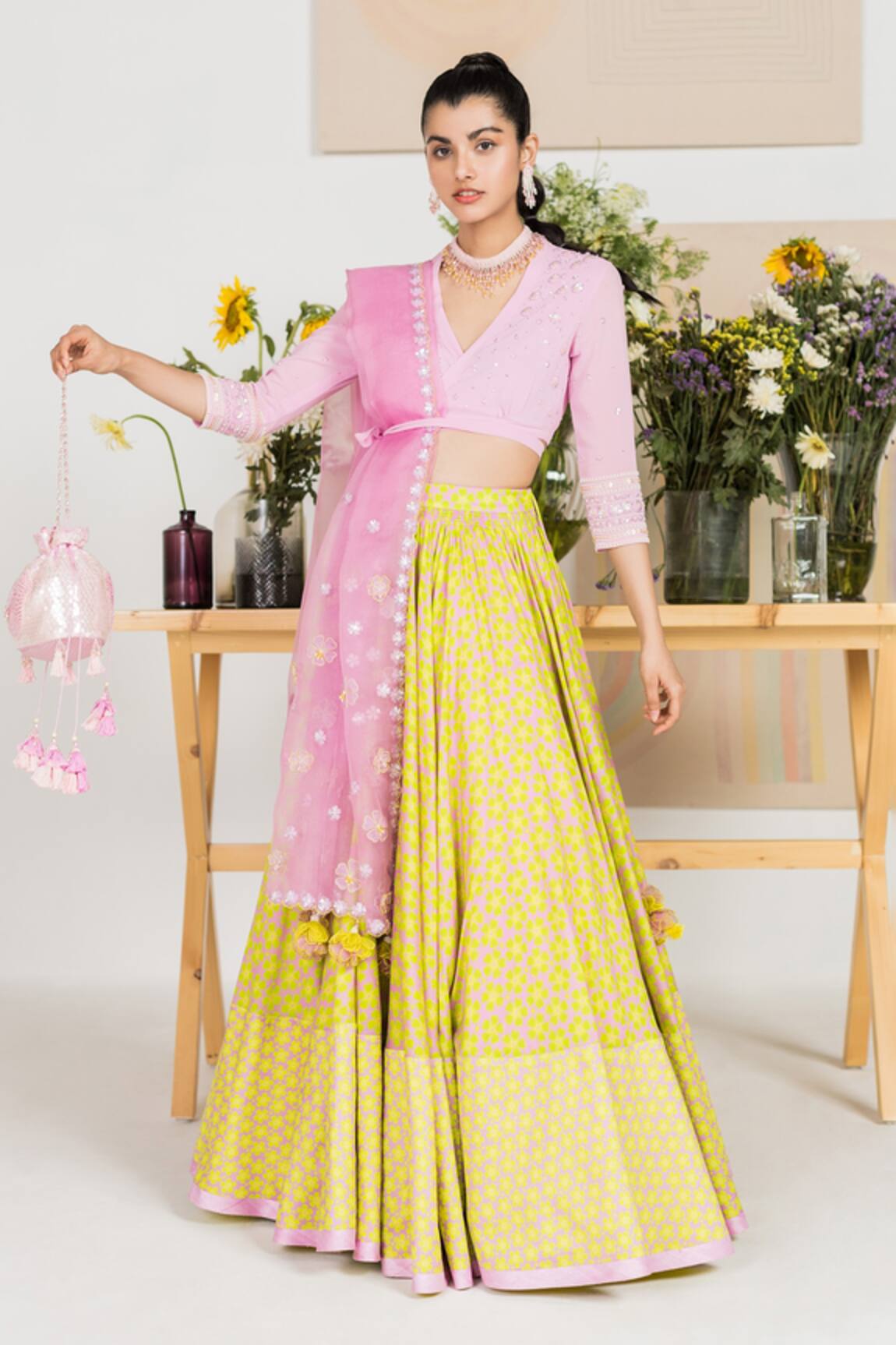 Madzin Chanderi Floral Print Lehenga Set 