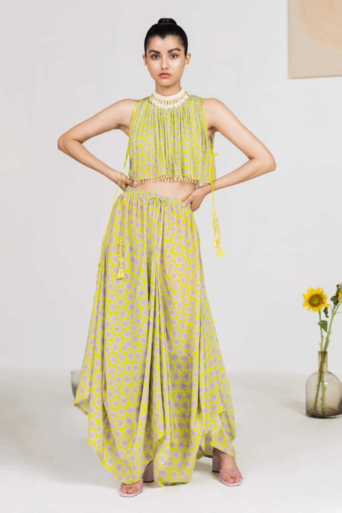 MADZIN Floral Print Crop Top & Dhoti Skirt Set