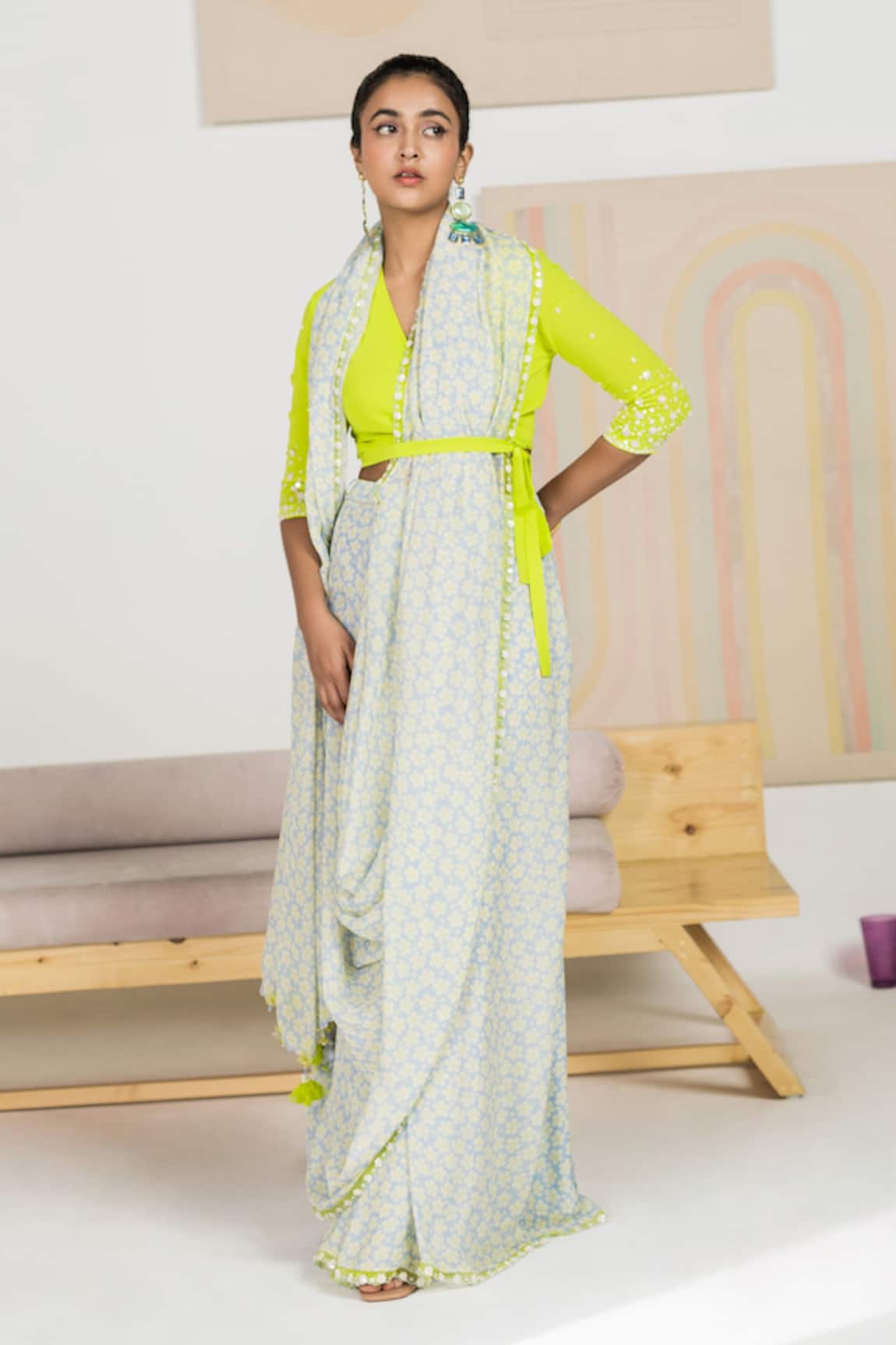 Madzin Floral Print Pre-Draped Saree With Blouse 