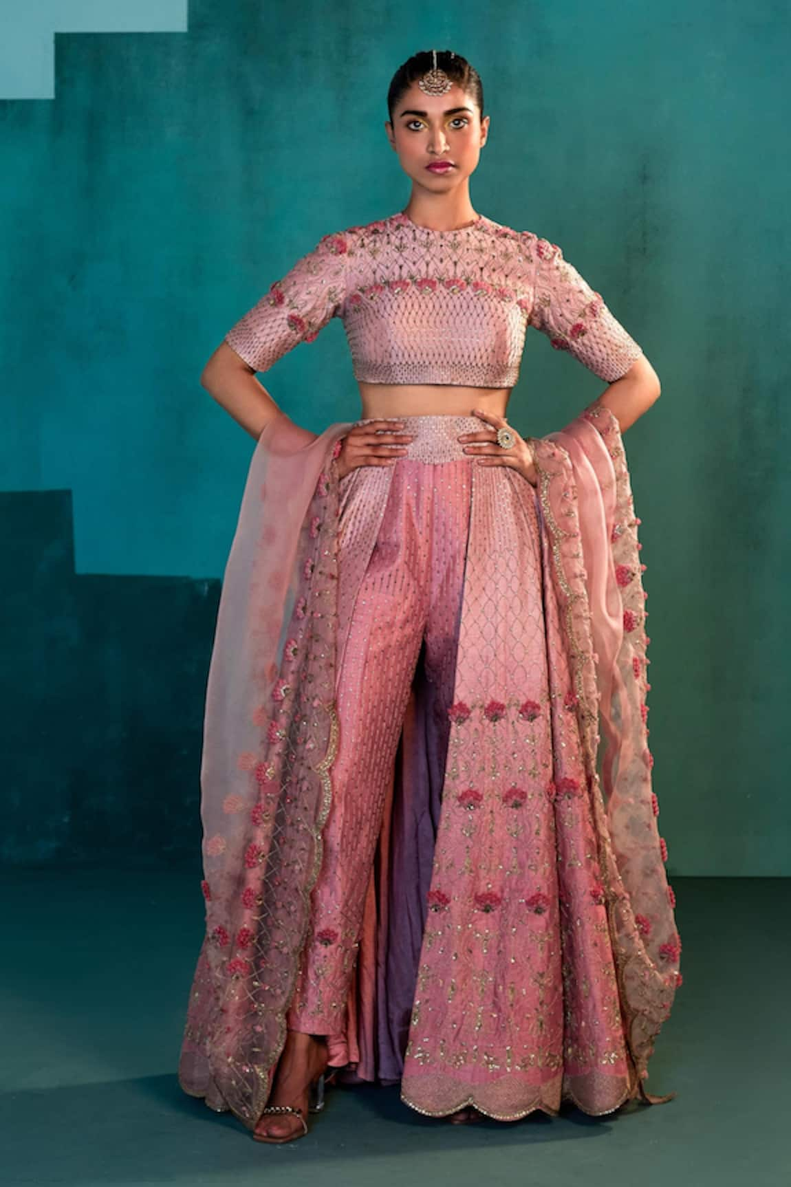 Agunj by Gunjan Arora Floral Embroidered Cape & Pant Lehenga Set