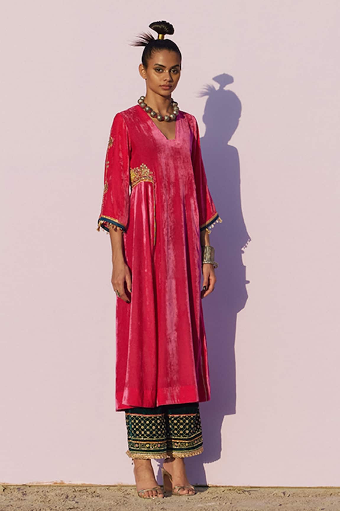 Rajiramniq Silk Velvet Embroidered Kurta Palazzo Set