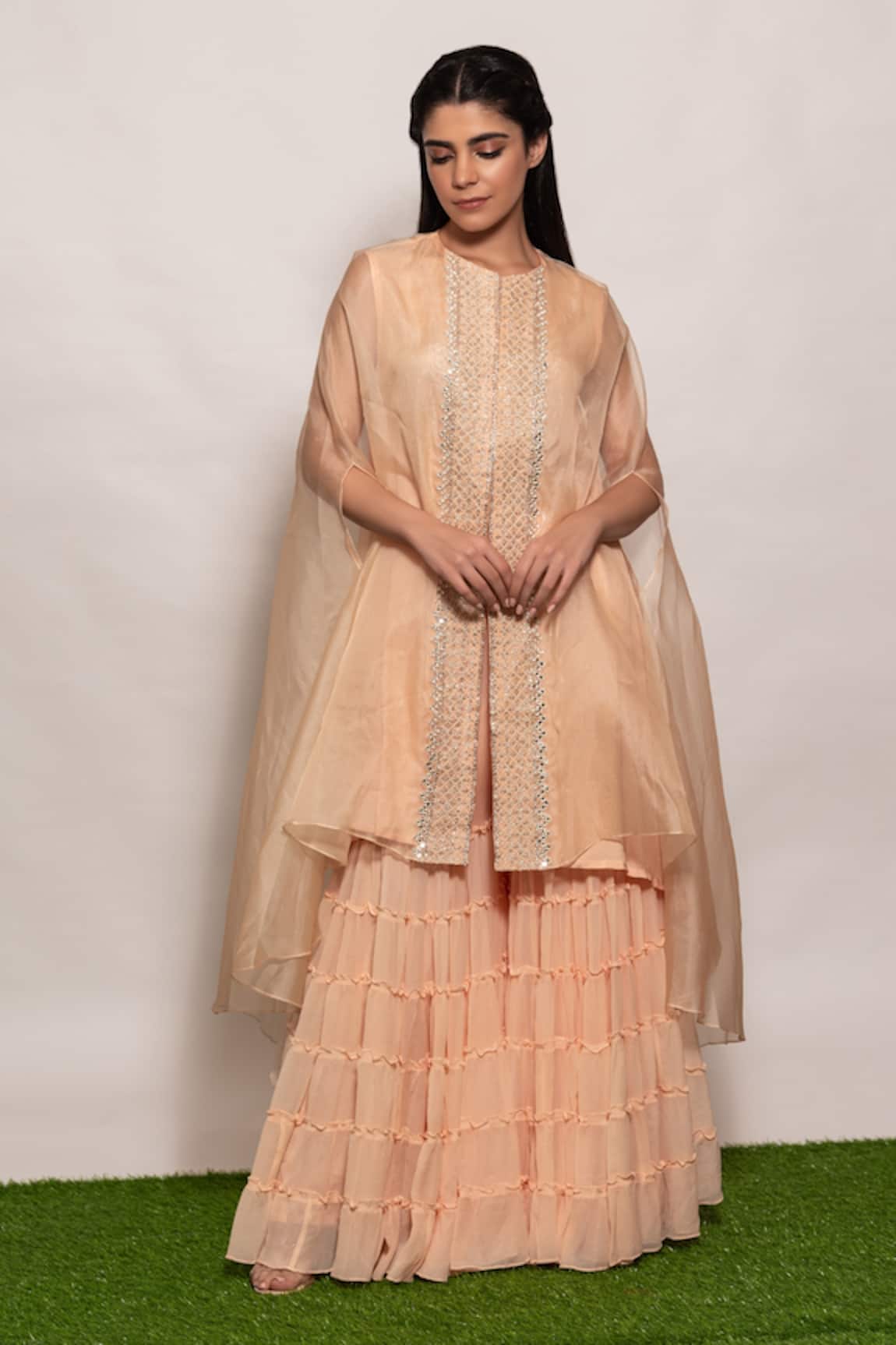 Vara By Vibha N Priti Embroidered Cape Style Tunic Sharara Set 