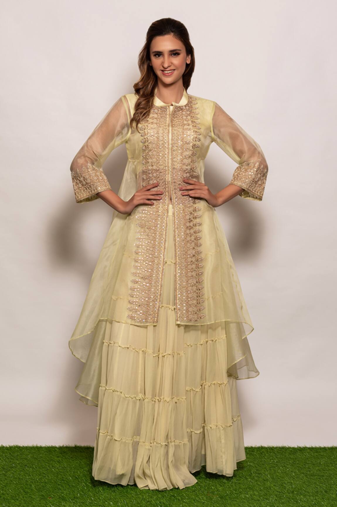 Vara By Vibha N Priti Embroidered Cape Style Tunic Sharara Set 