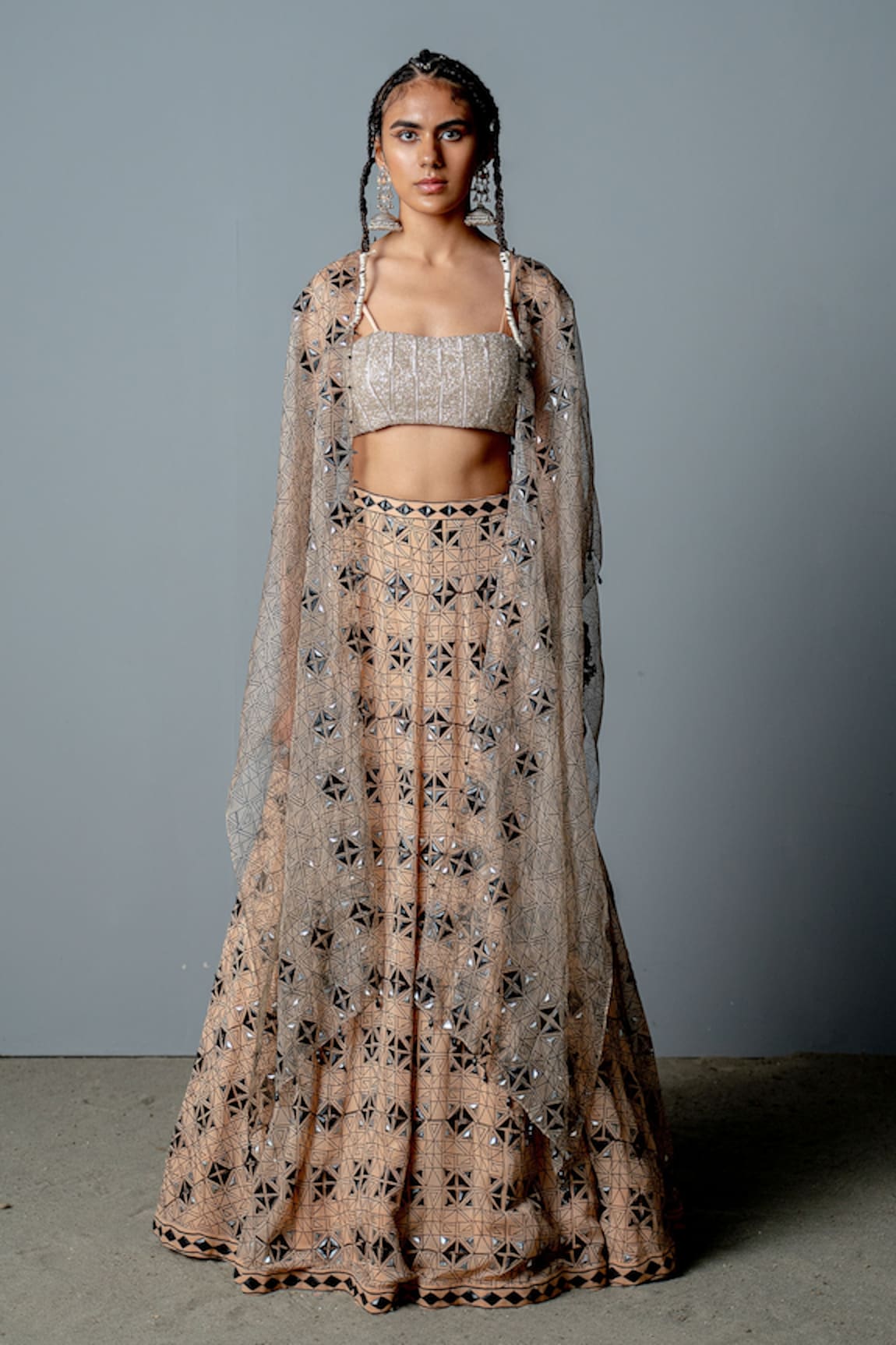 Pooja Rajgarhia Gupta Mosaic Block Print Cape Lehenga Set