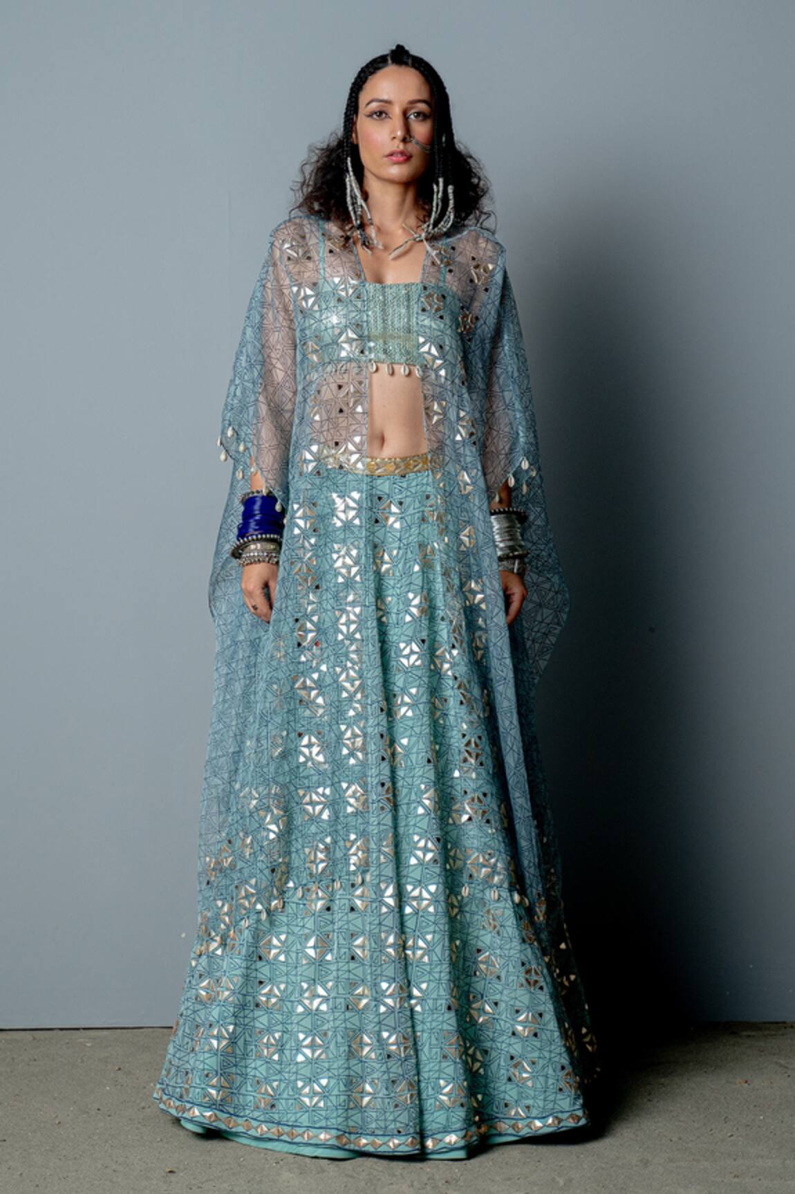 Pooja Rajgarhia Gupta Mosaic Block Print Cape Lehenga Set