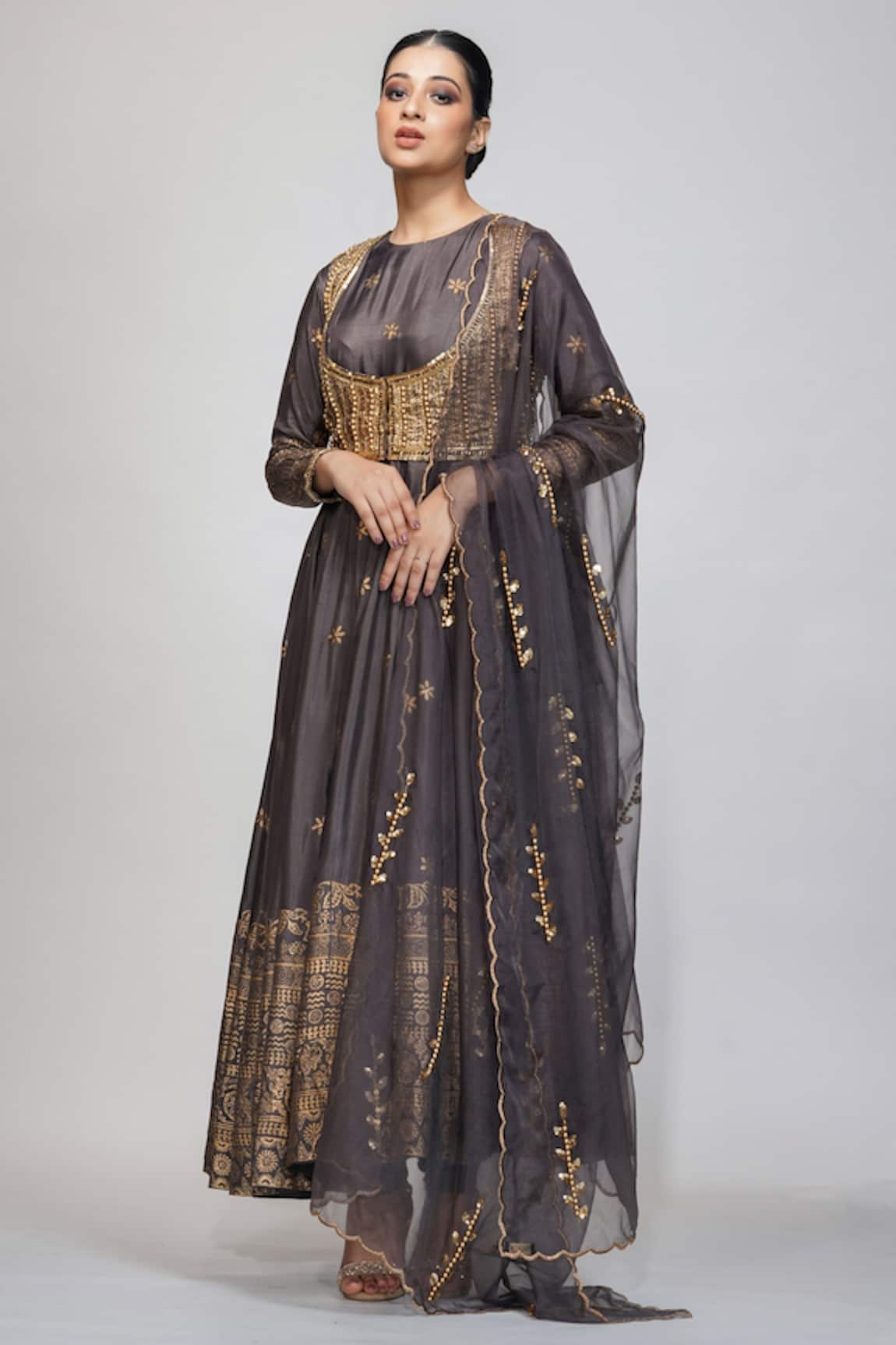 Shruti S Silk Hand Block Print Jacket Anarkali Set 