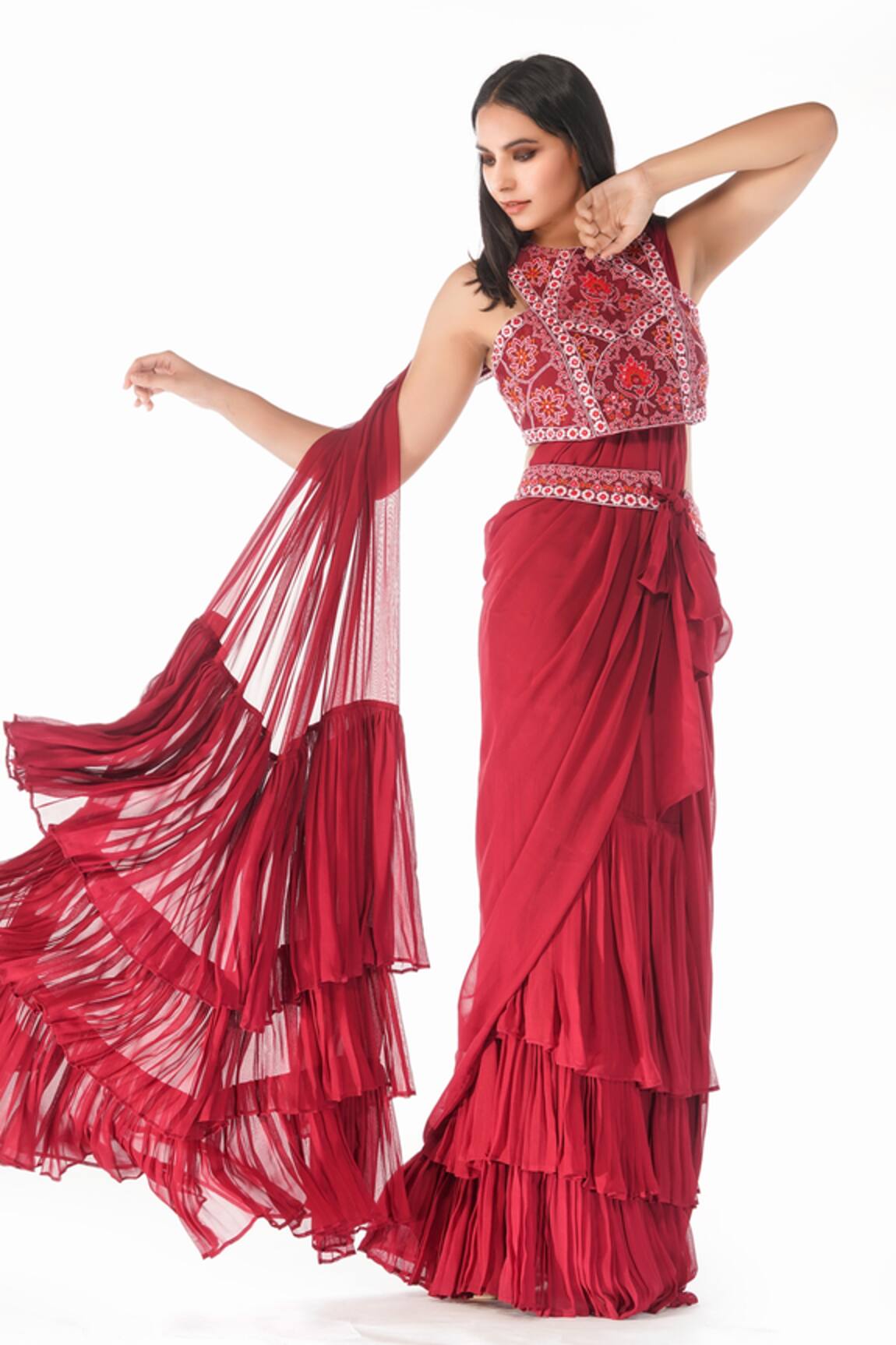 Shruti S Ruffle Pre-Draped Saree With Blouse 