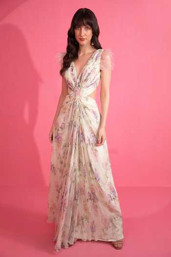 Mani Bhatia Floral Print Cut-Out Gown 
