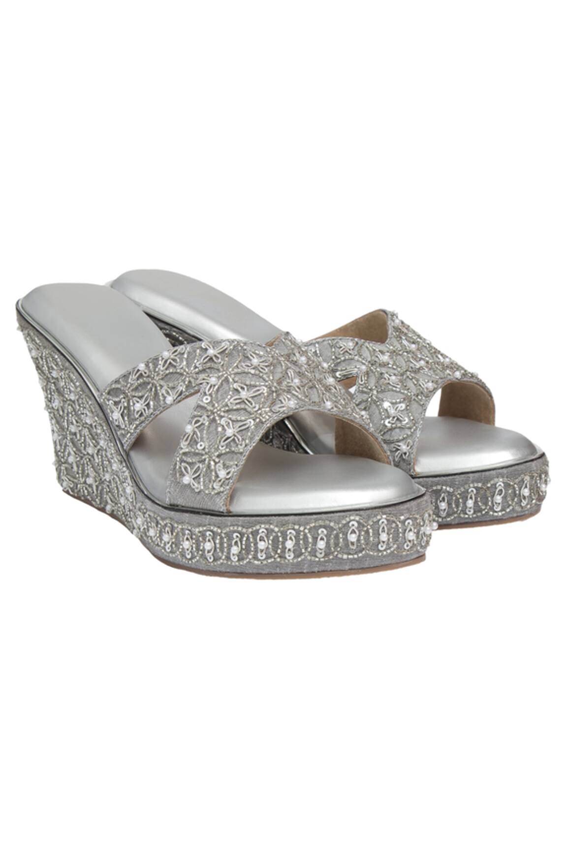 Kkarma Accessories Embroidered Grey Silver Platform Wedges 