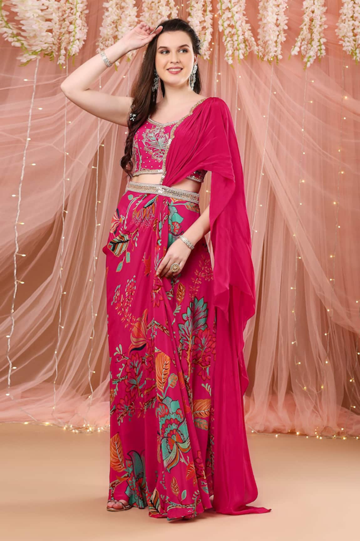 Aayushi Maniar Floral Print Pre-Draped Saree With Blouse