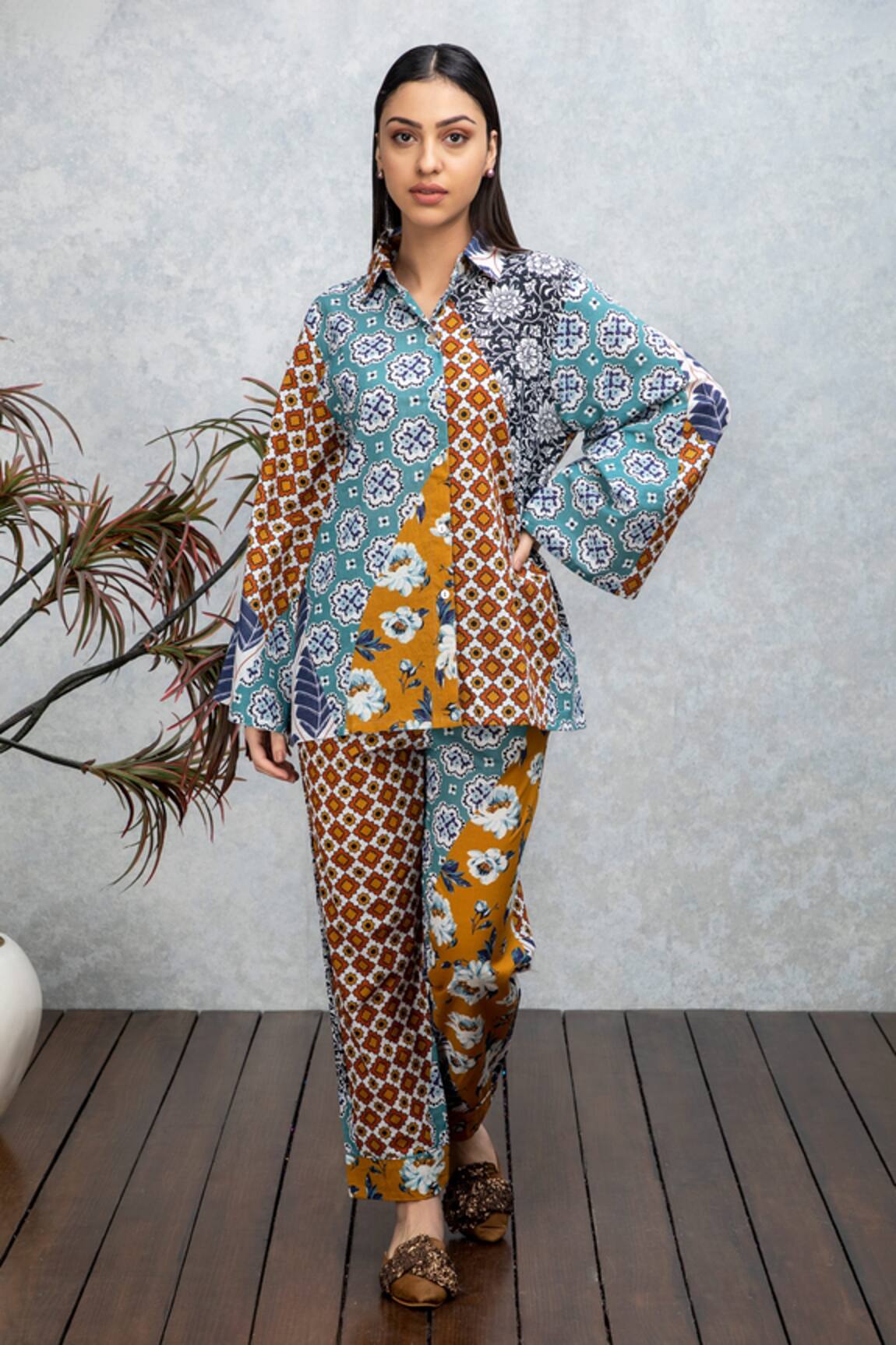 Rhe-Ana Cyan Printed Shirt & Pant Set