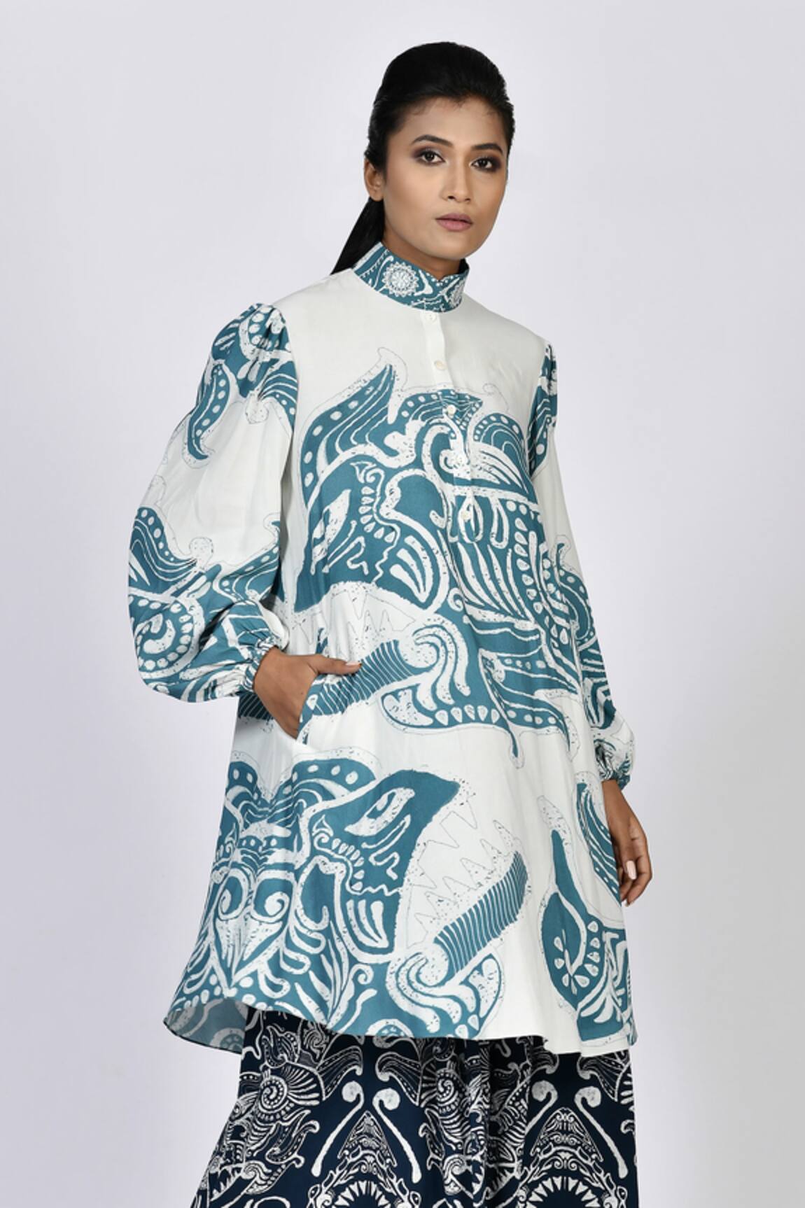 Alpona Designs By Soham Acharya Ocean Print Puff Sleeve Tunic Dress 