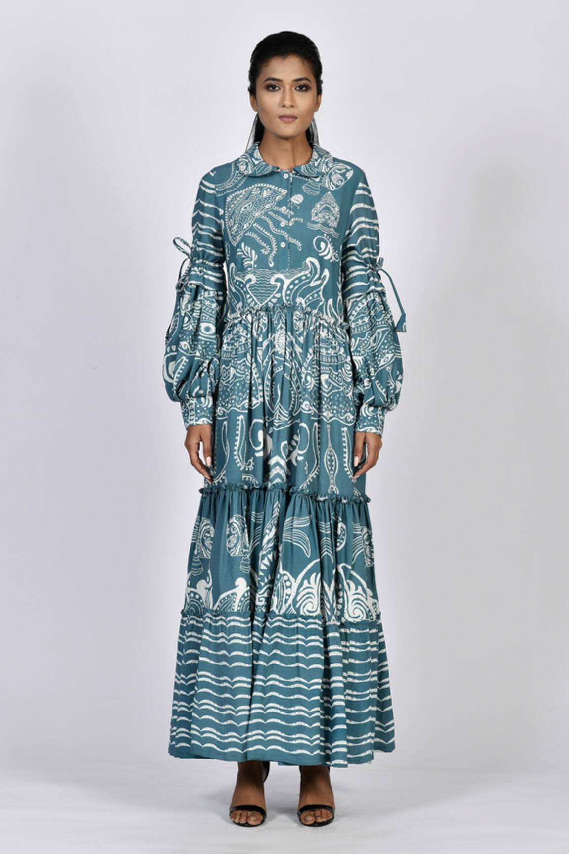 Alpona Designs By Soham Acharya Ocean Print Puff Sleeve Dress 