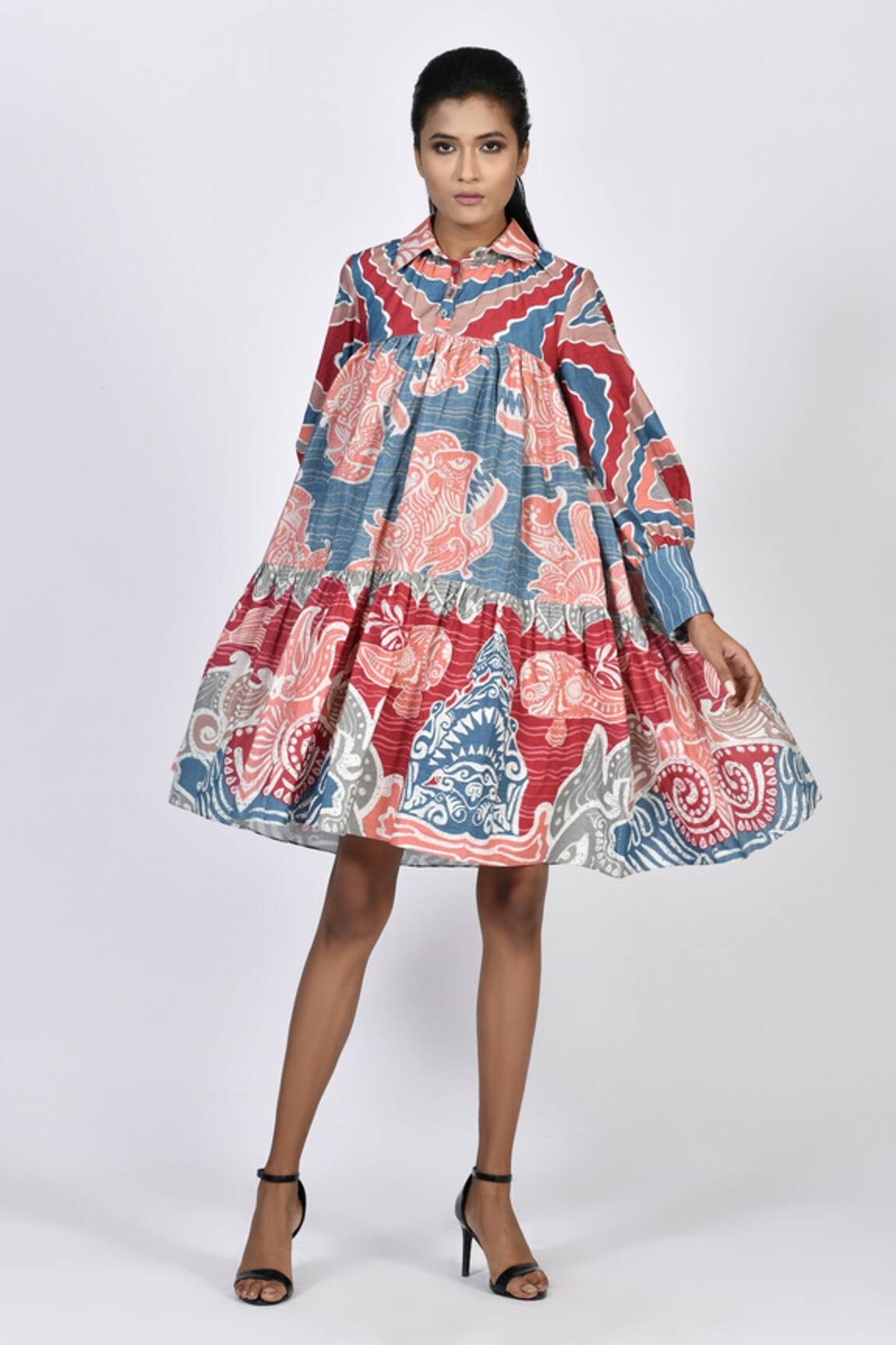 Alpona Designs By Soham Acharya Ocean Print Puff Sleeve Dress