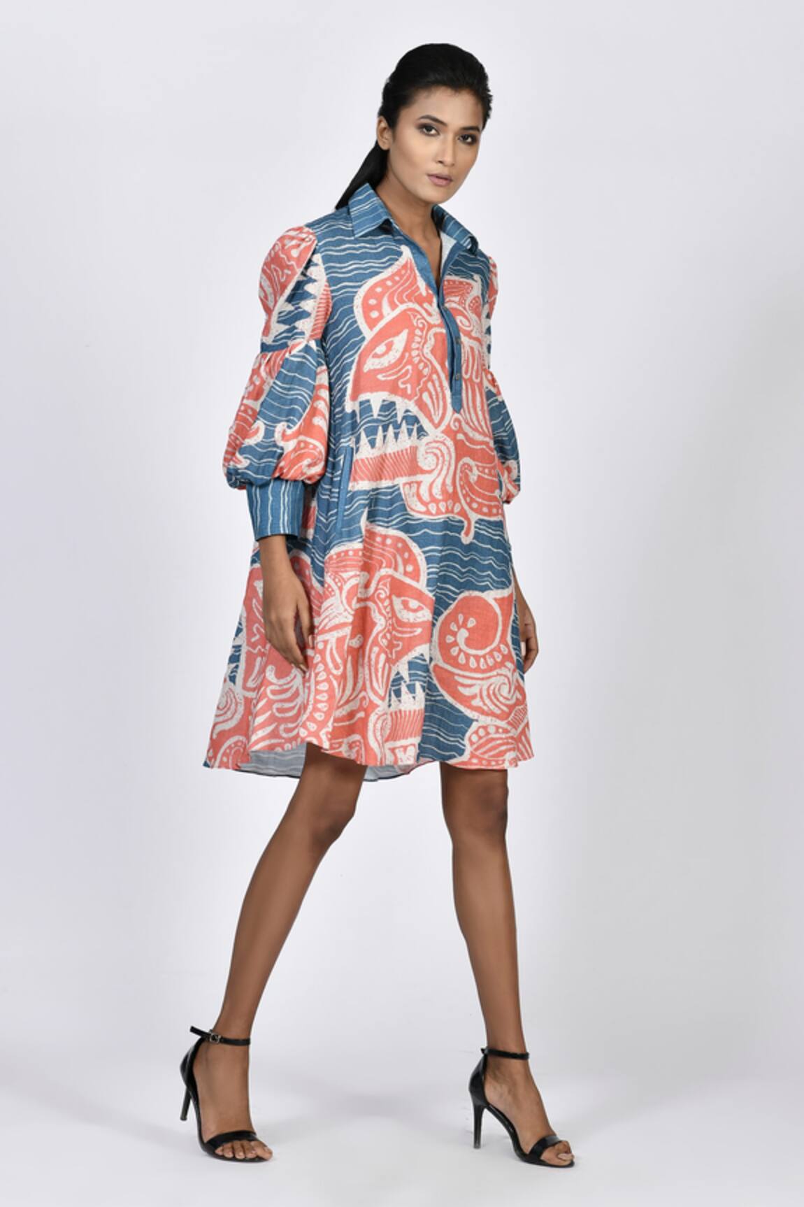 Alpona Designs By Soham Acharya Ocean Print Puff Sleeve Tunic Dress