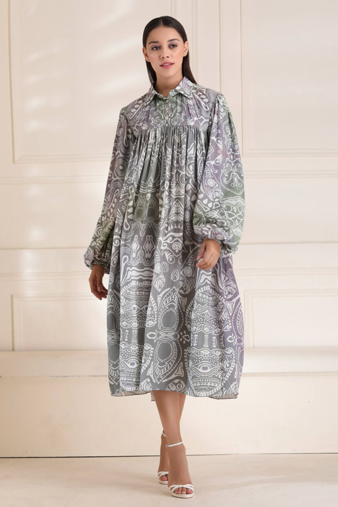 Alpona Designs By Soham Acharya Ocean Print Puff Sleeve Dress 