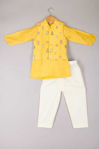 P & S CO Yellow Silk Embroidered Bundi Kurta Set 